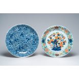 Two Chinese verte-Imari and blue and white chargers with floral design, Kangxi