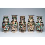 Five Chinese Nanking crackle glazed famille rose 'warrior' vases, 19th C.
