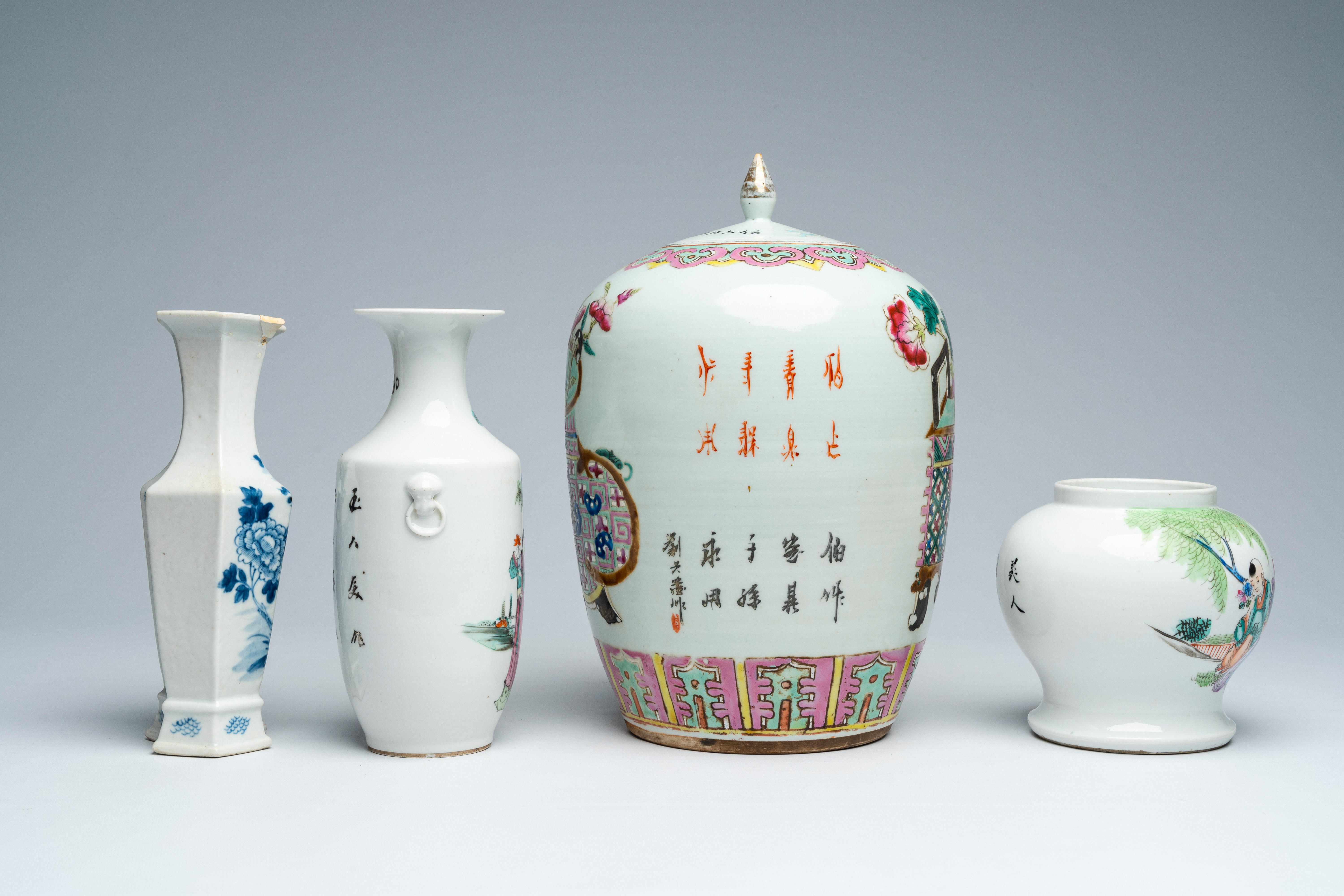 Four Chinese blue, white, famille rose and qianjiang cai vases and jars and covers and four Canton e - Bild 5 aus 14