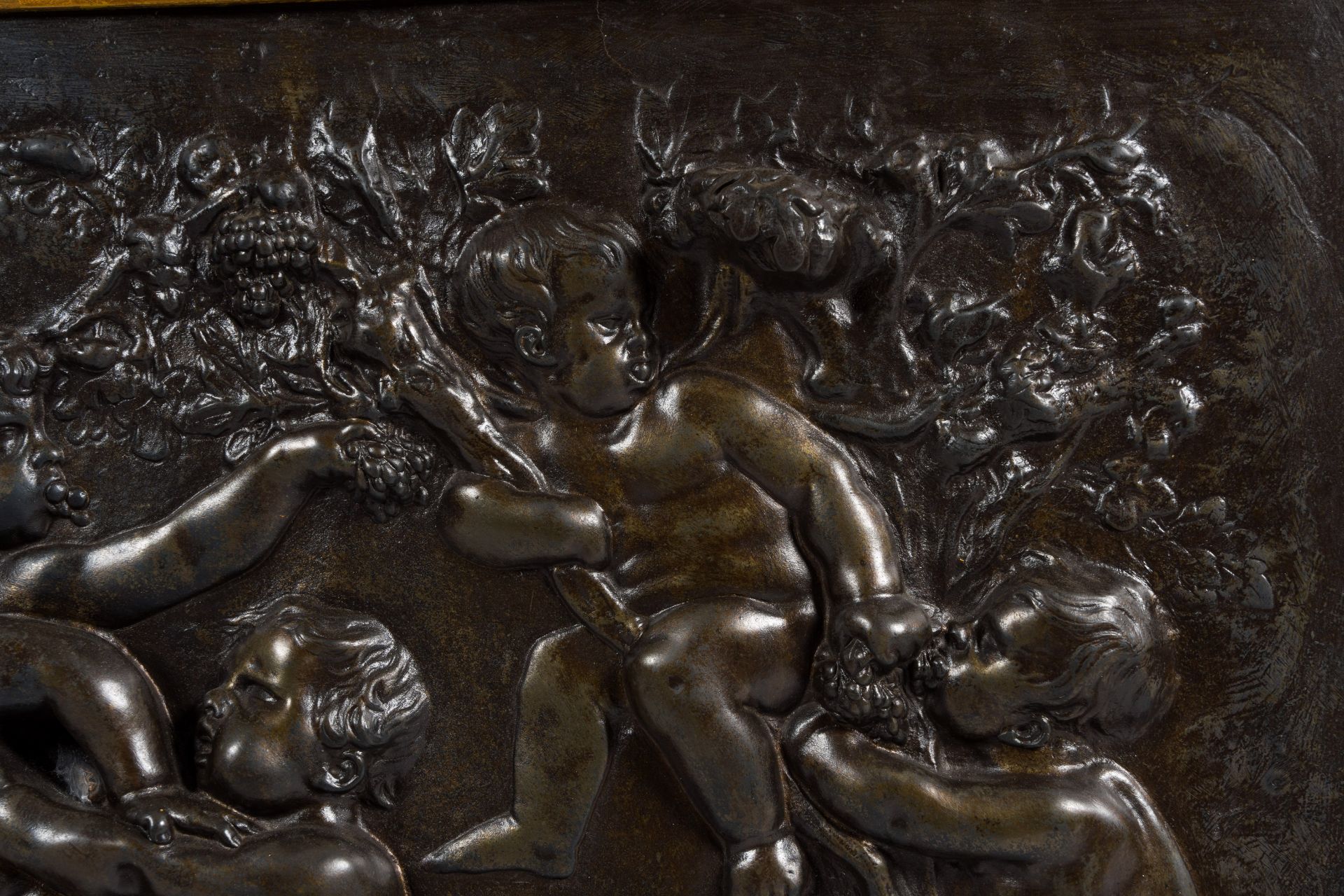 A pair of large French bronze patinated copper plaques with relief design of putti, goats and Bacchu - Image 9 of 9
