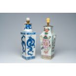 Two Chinese square blue, white and famille rose vases with dragons and antiquities mounted as lamps,