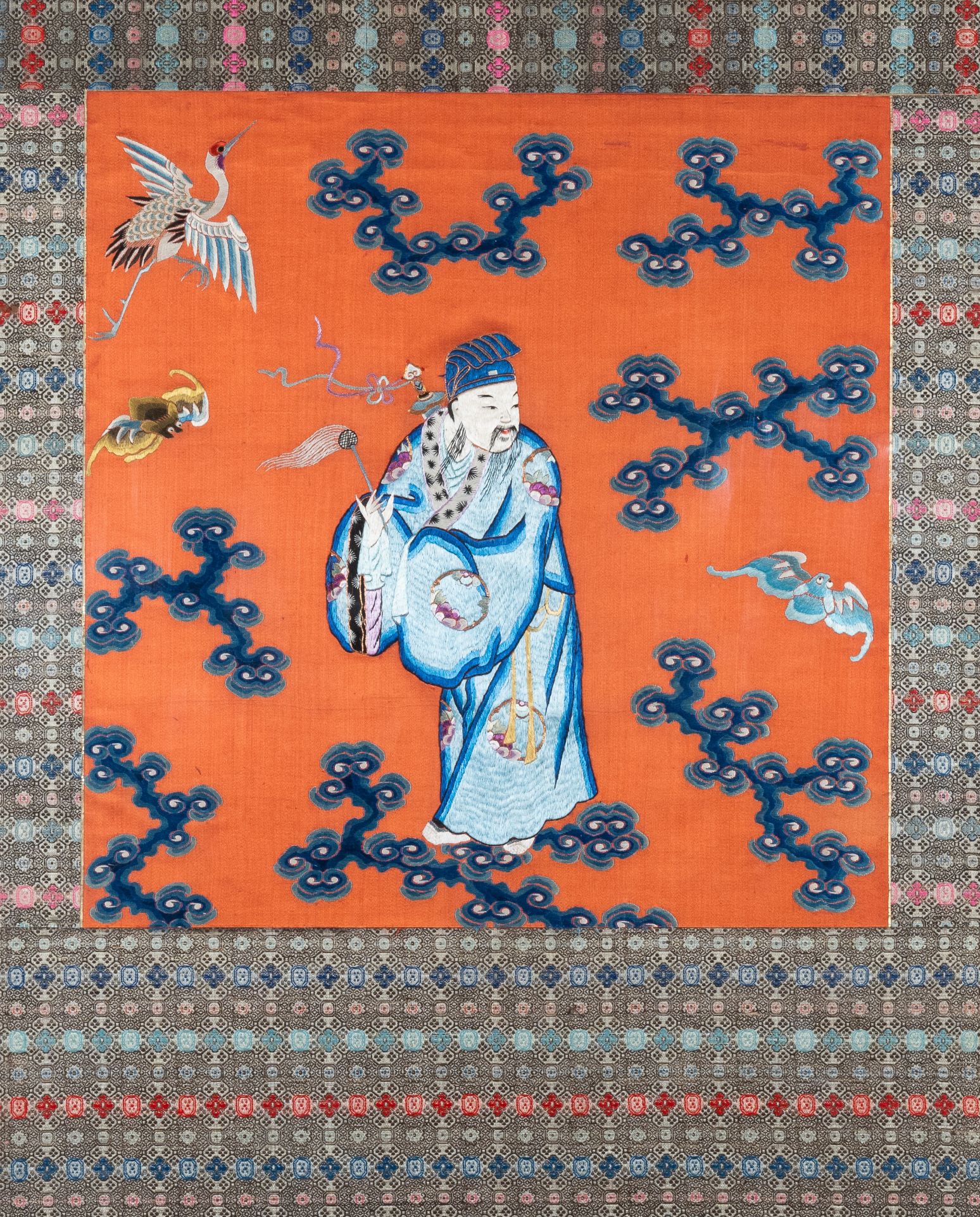 A Chinese embroidered silk panel depicting Lu Dongbin, 19th C.