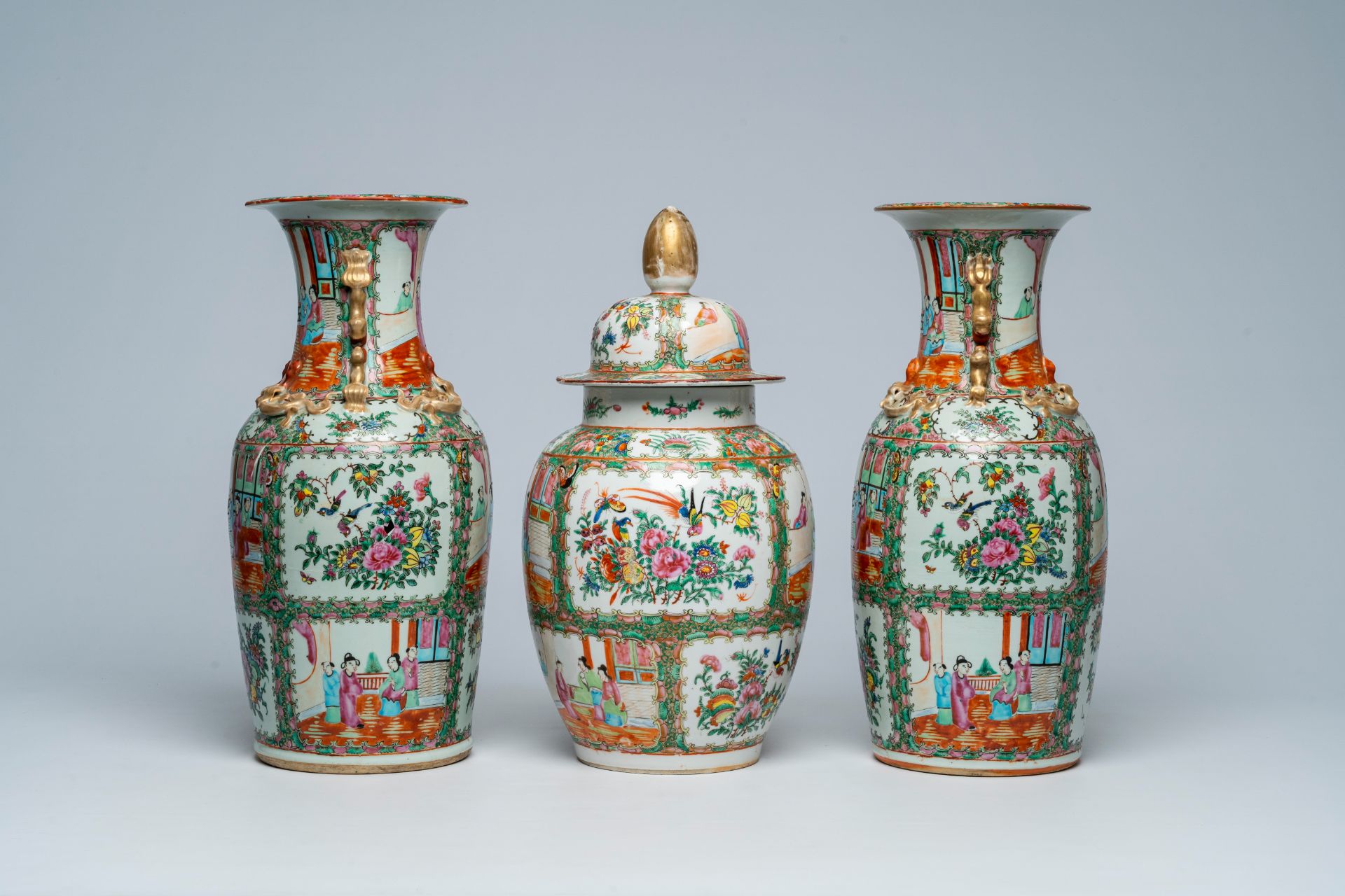 Three Chinese Canton famille rose vases with palace scenes and floral design, 19th C. - Image 4 of 6