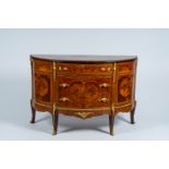 A French gilt bronze mounted marquetry half circle chest with three drawers, 20th C.