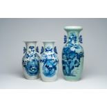 Three Chinese blue and white celadon ground vases with birds among blossoming branches, 19th C.