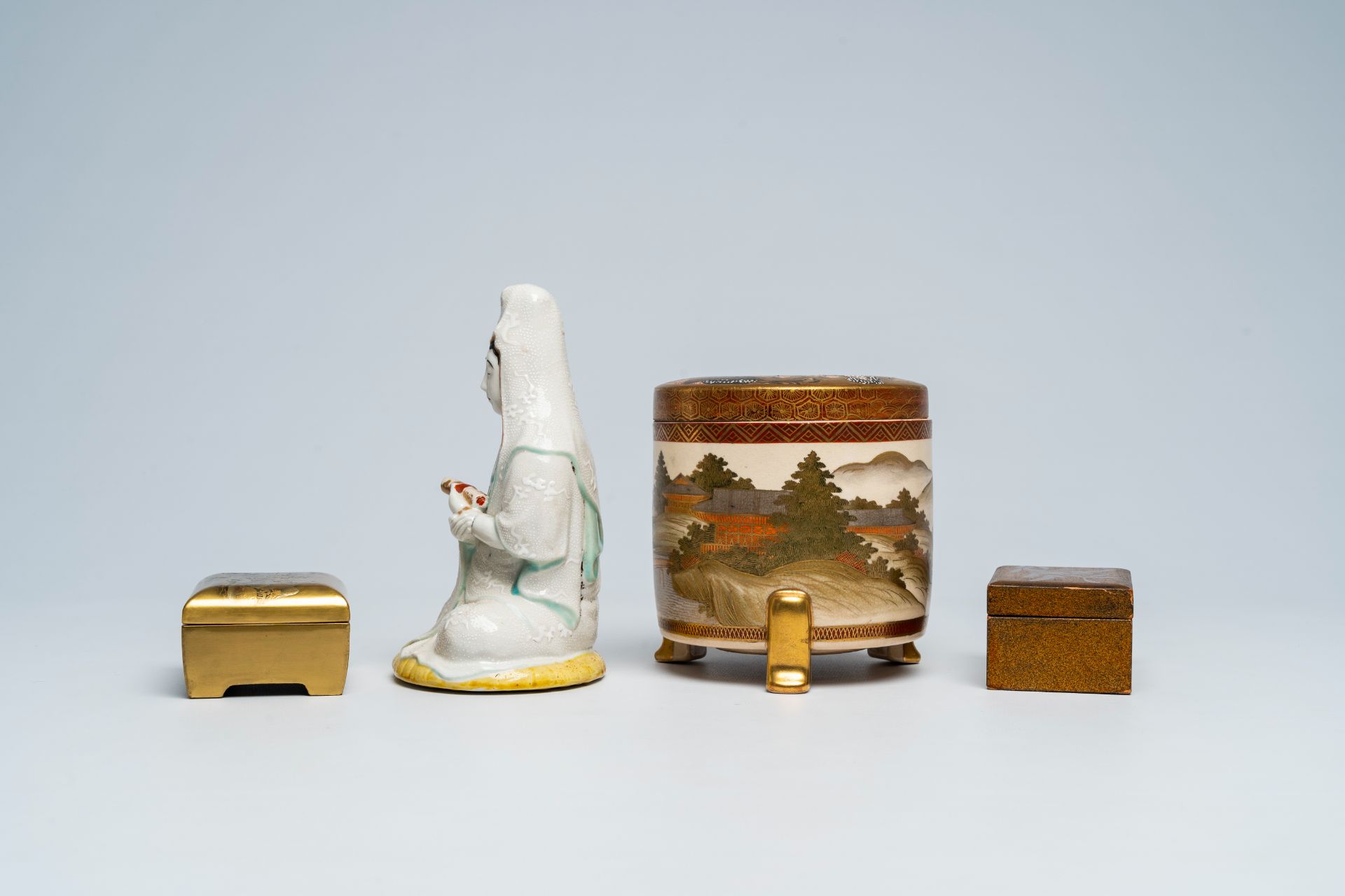 Two Japanese lacquered boxes and covers, a Satsuma jar and cover and various polychrome porcelain, M - Image 6 of 10