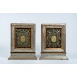 A pair of Austrian patinated and gilt wood reliquaries with floral filigree design, 18th C.