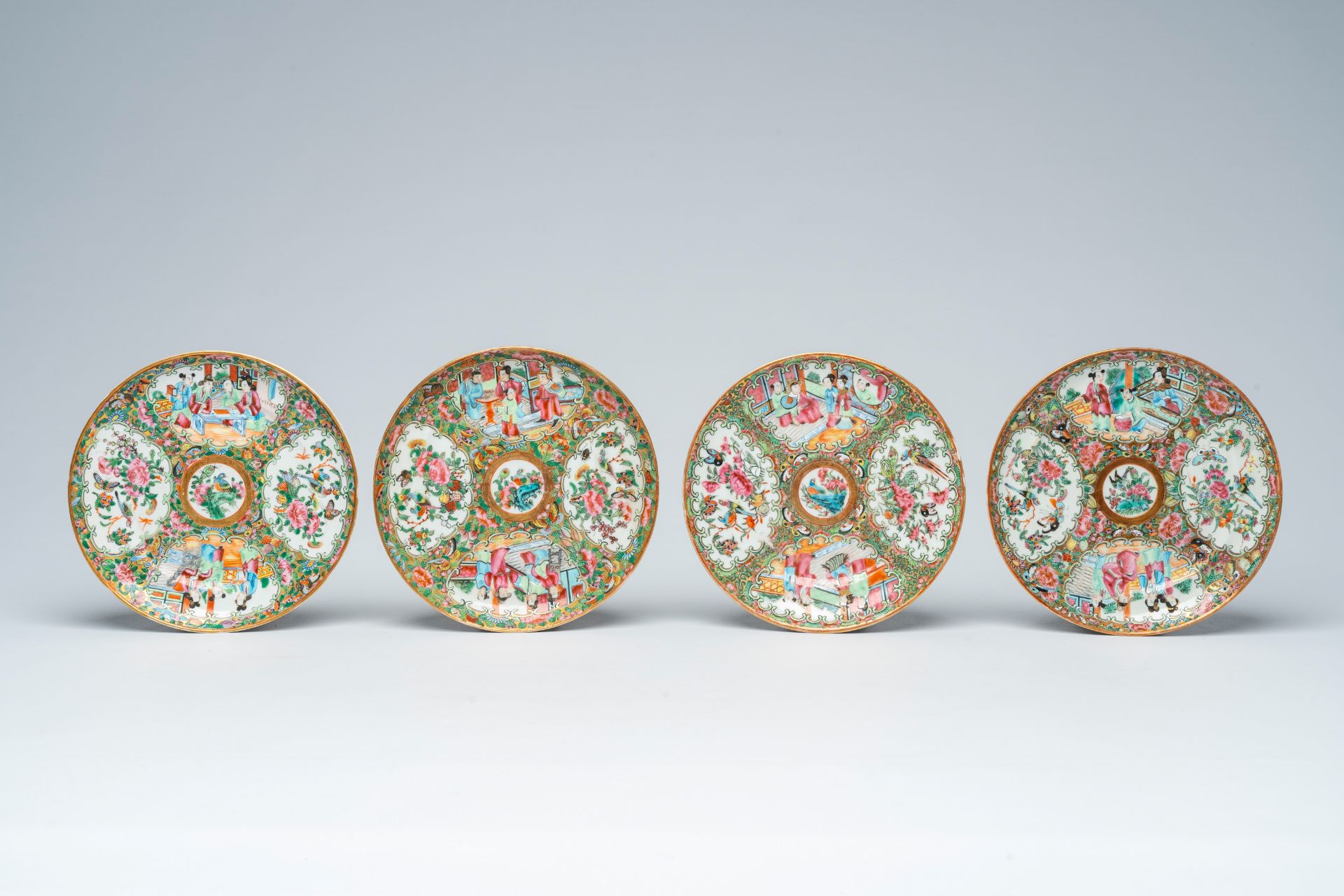 Eleven Chinese Canton famille rose plates with palace scenes and floral design, 19th C. - Image 2 of 7