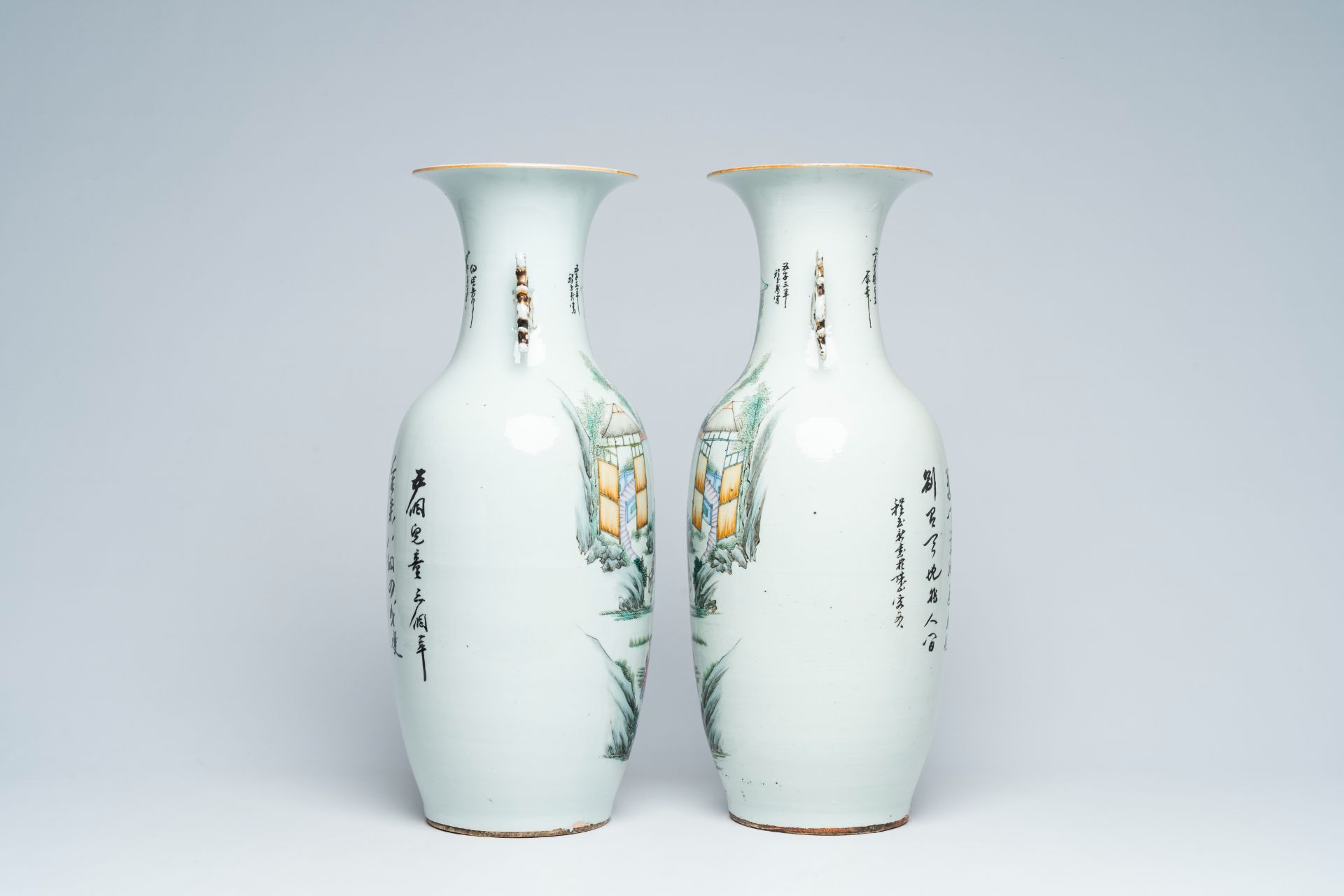 A pair of Chinese famille rose vases with playing children and goats in a landscape, 19th/20th C. - Image 5 of 7