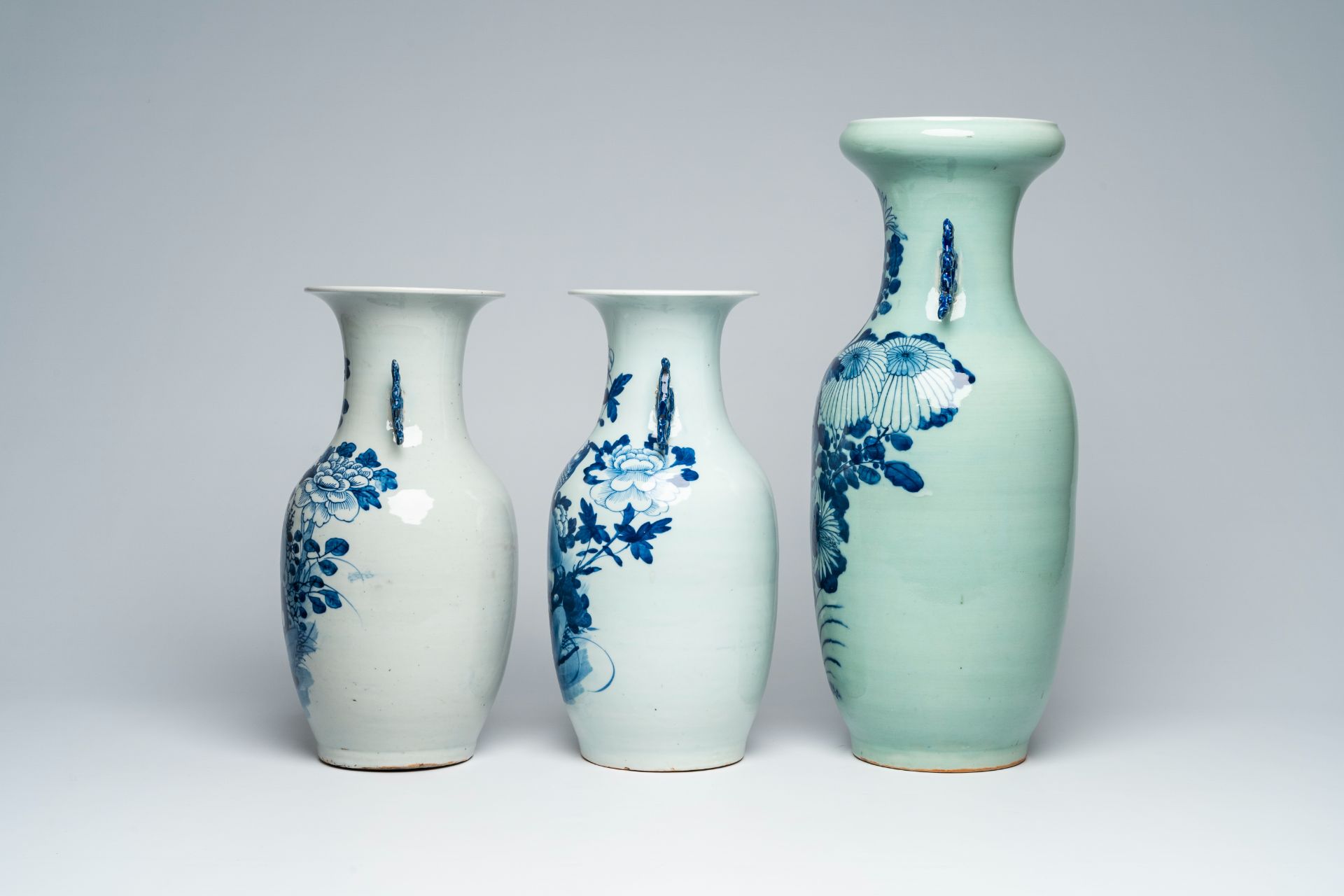 Three Chinese blue and white celadon ground vases with birds among blossoming branches, 19th C. - Image 3 of 7