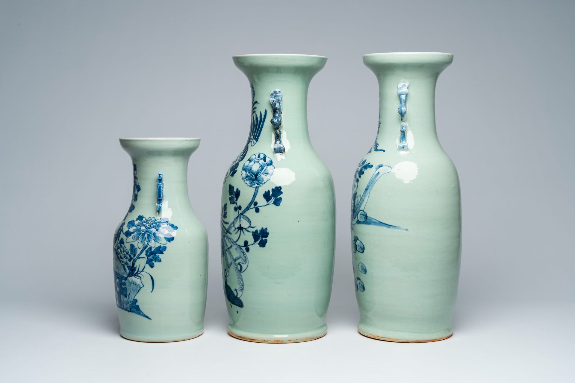 Three Chinese blue and white celadon ground vases with figures in a garden and birds among blossomin - Image 2 of 6