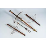 Three crossbows in the medieval manner and a bow tensioner, 19th/20th C.