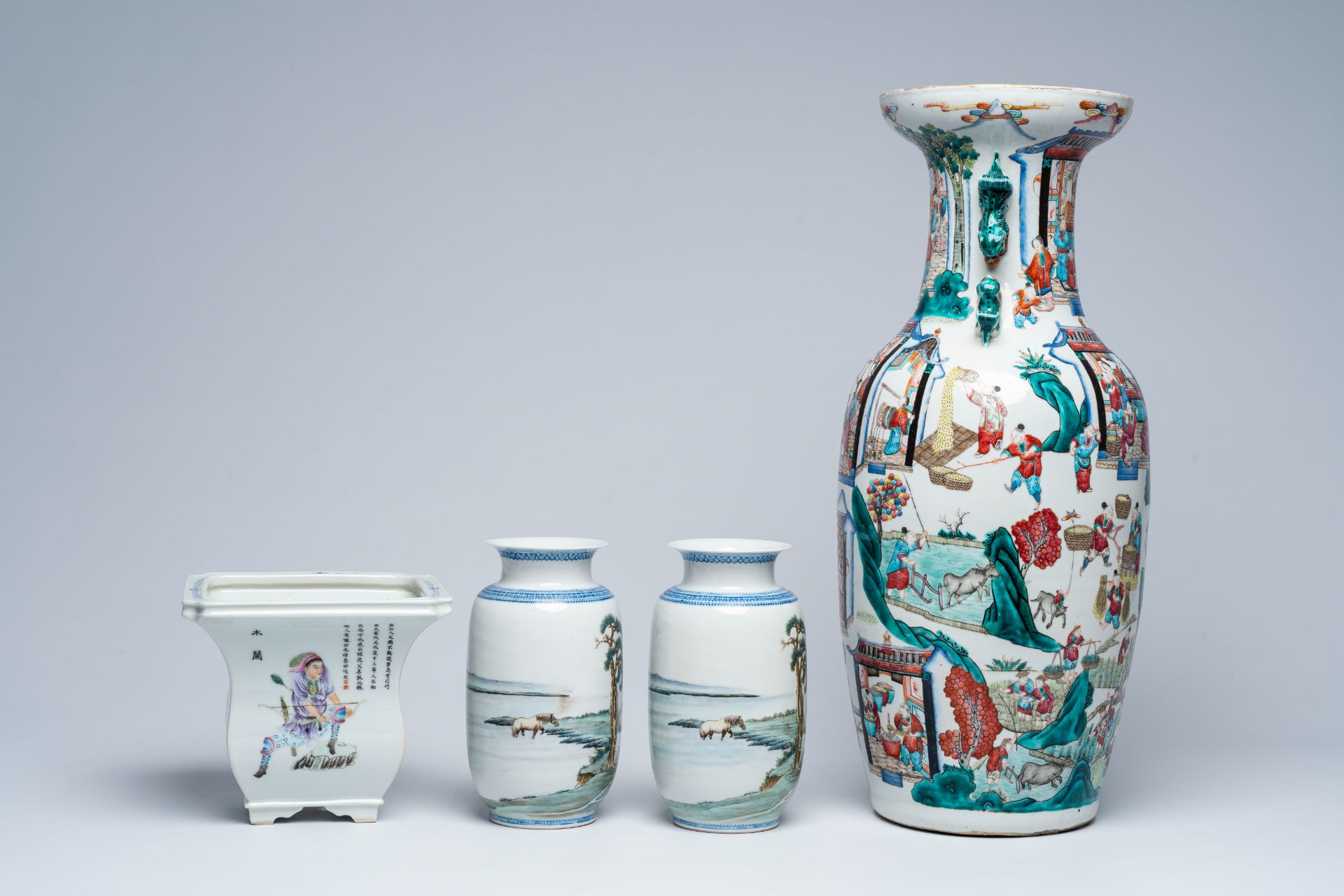 A Chinese famille rose 'rice production' vase, a pair of 'Eight Horses of Wang Mu' vases and a Wu Sh - Image 5 of 7