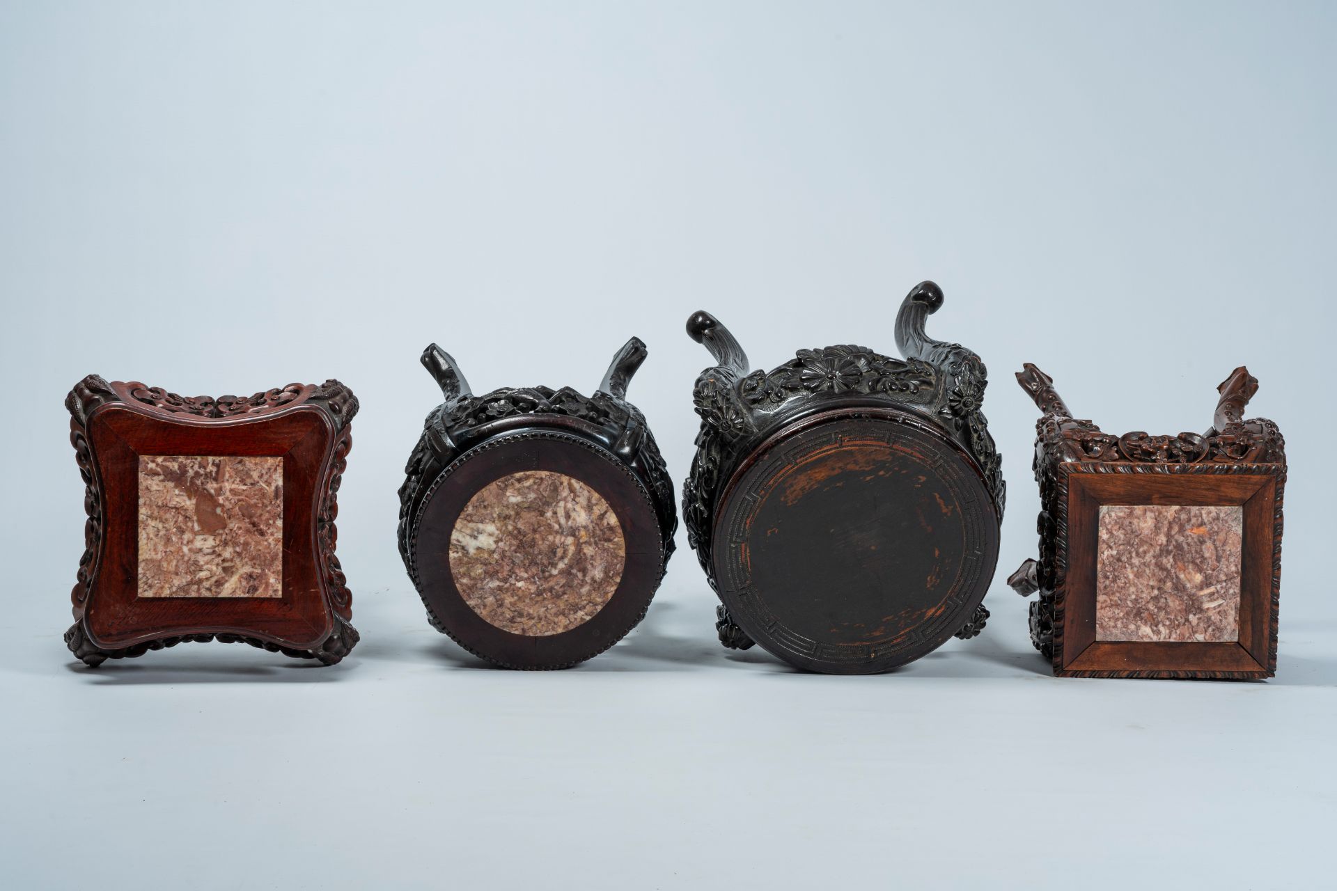 Four Chinese and Japanese open worked carved wood stands with marble and wood top, 20th C. - Image 6 of 7