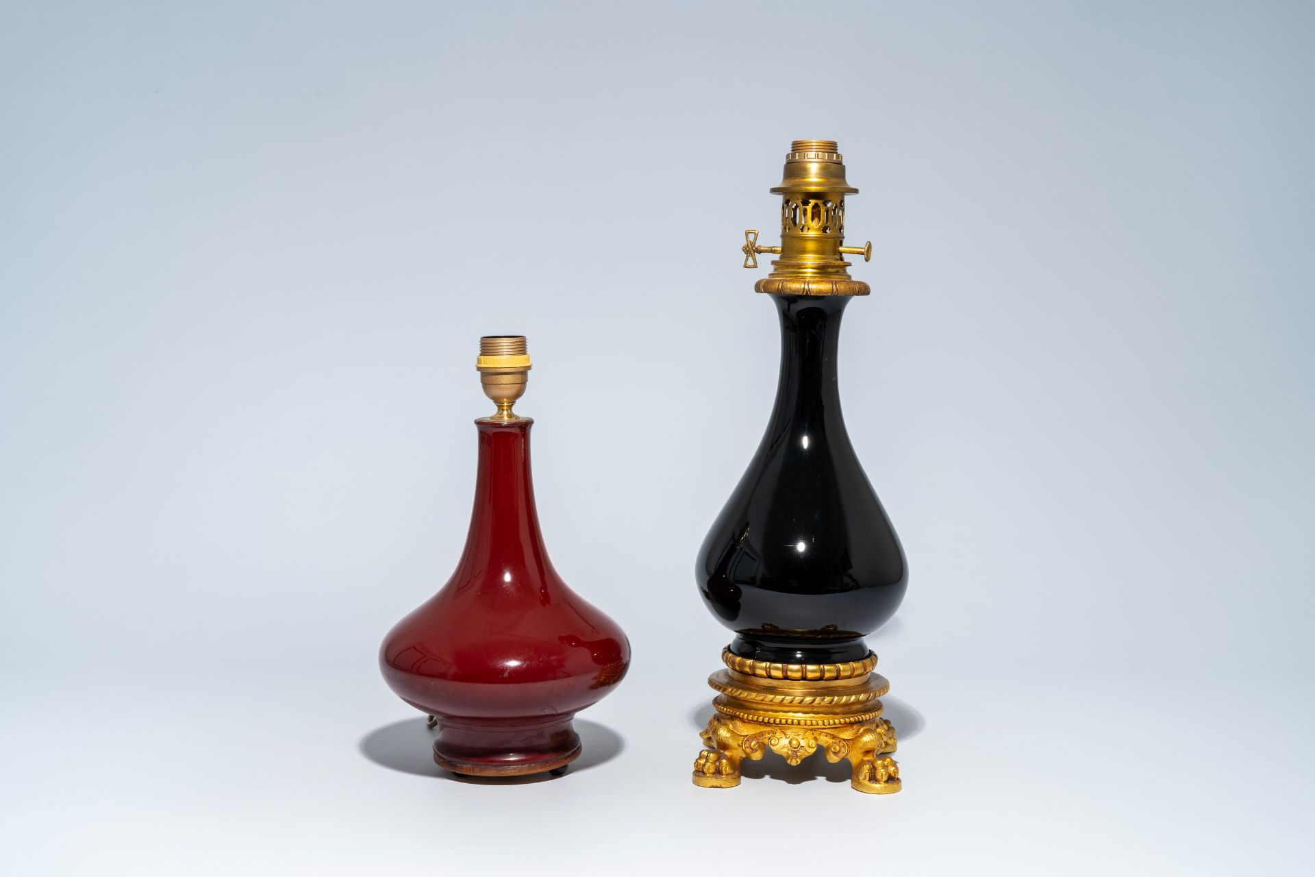 A Chinese monochrome red vase mounted as a lamp and a gilt bronze mounted black glass vase, 19th/20t - Image 3 of 6