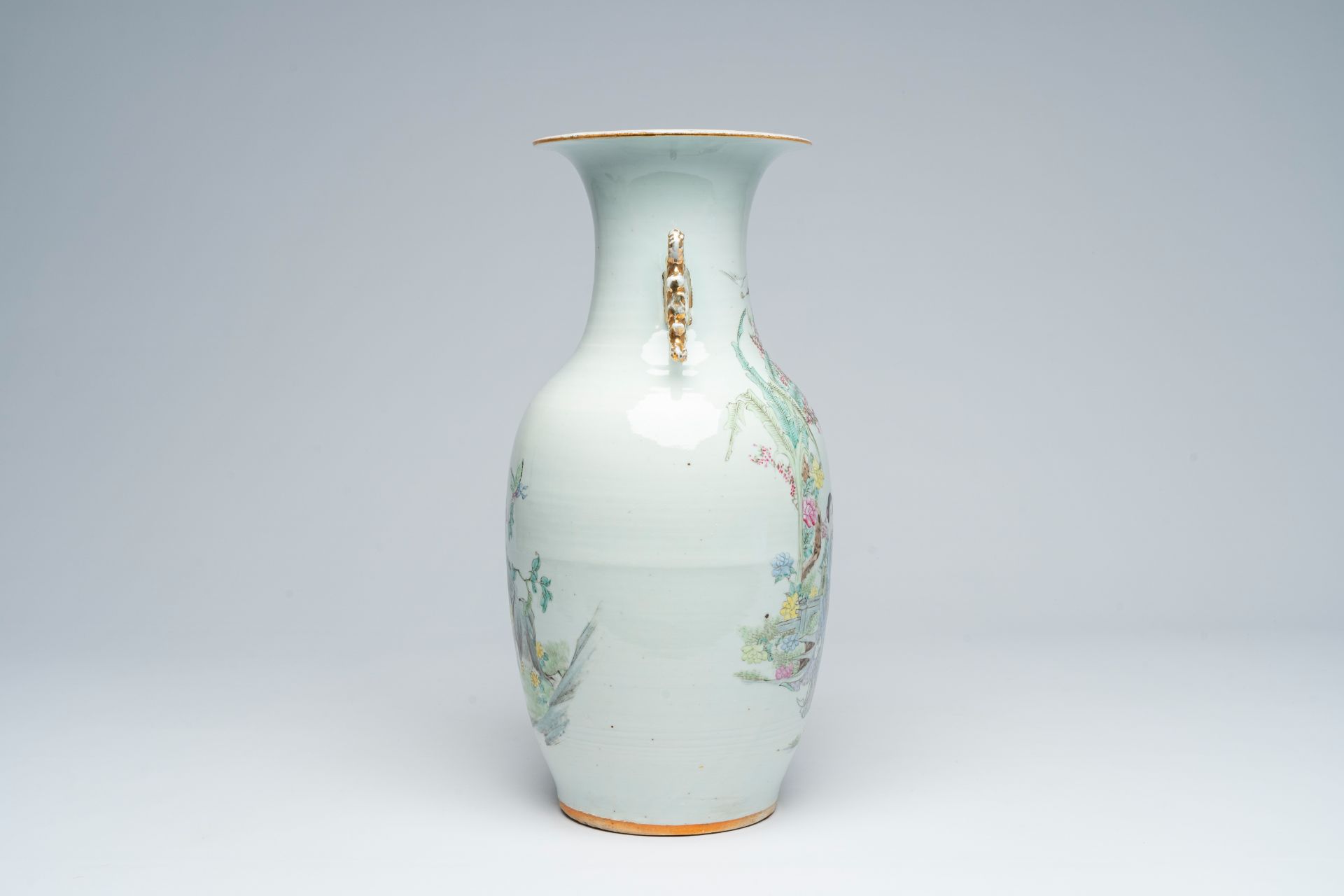 A Chinese famille rose double design vase with ladies in a garden and butterflies among blossoming b - Image 4 of 6