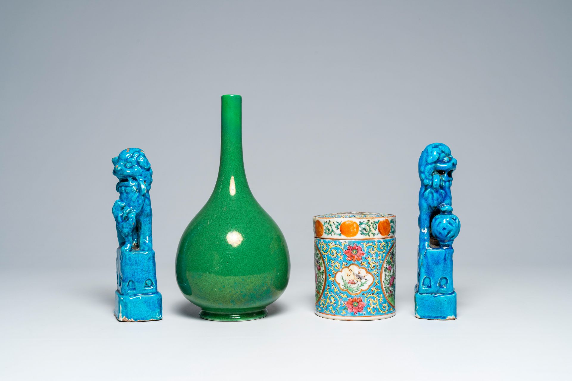 A Chinese Canton famille rose jar and cover, a monochrome green vase and a pair of turquoise glazed - Image 5 of 7