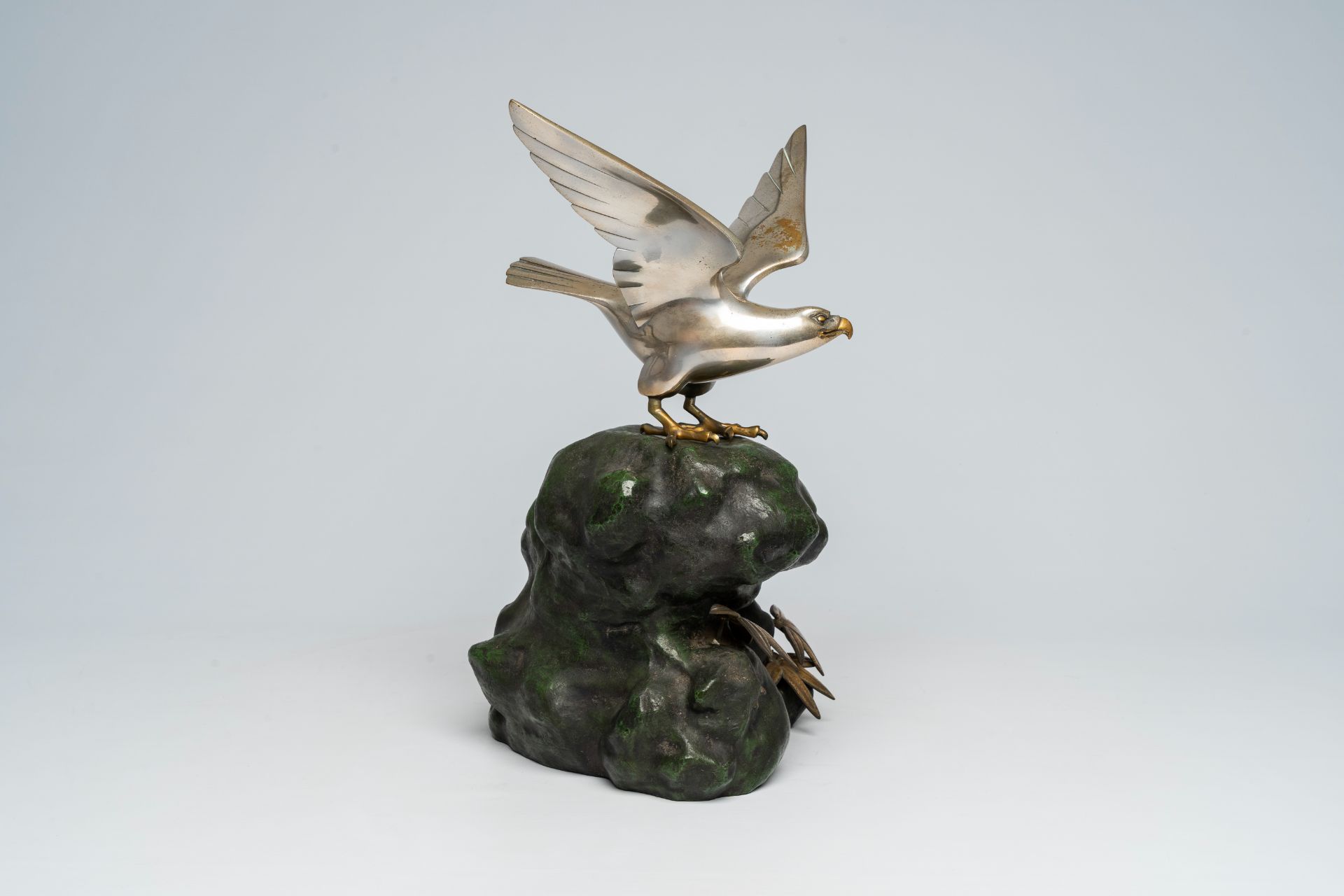 A Japanese patinated and silver-plated metal okimono of an eagle on a rock, signed Hidemasa, 20th C. - Image 14 of 17