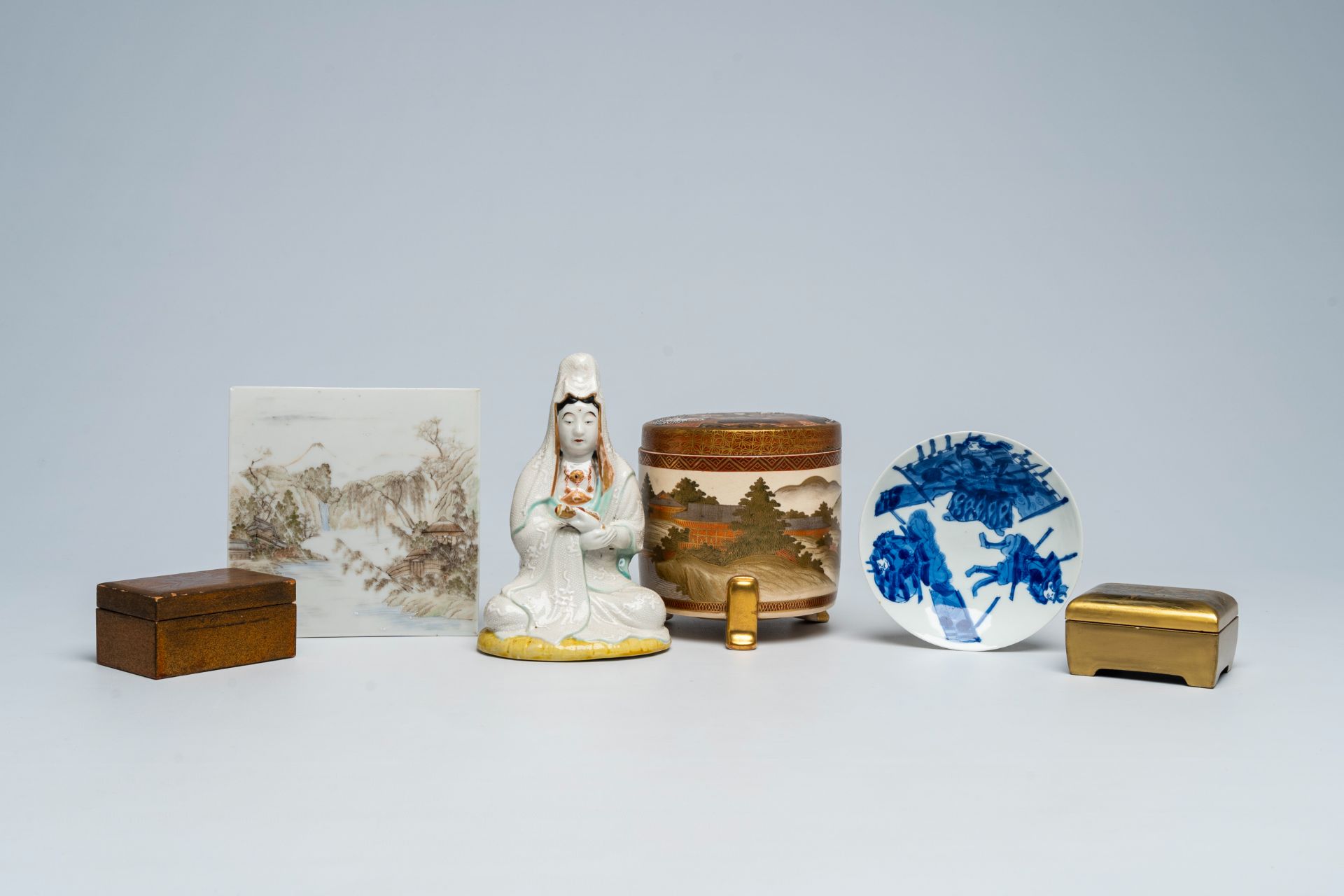 Two Japanese lacquered boxes and covers, a Satsuma jar and cover and various polychrome porcelain, M