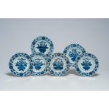 Six Chinese blue and white plates with a flower basket, Kangxi/Yongzheng