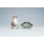 A Chinese famille rose milk jug and cover with floral design and a spoon tray with birds among bloss