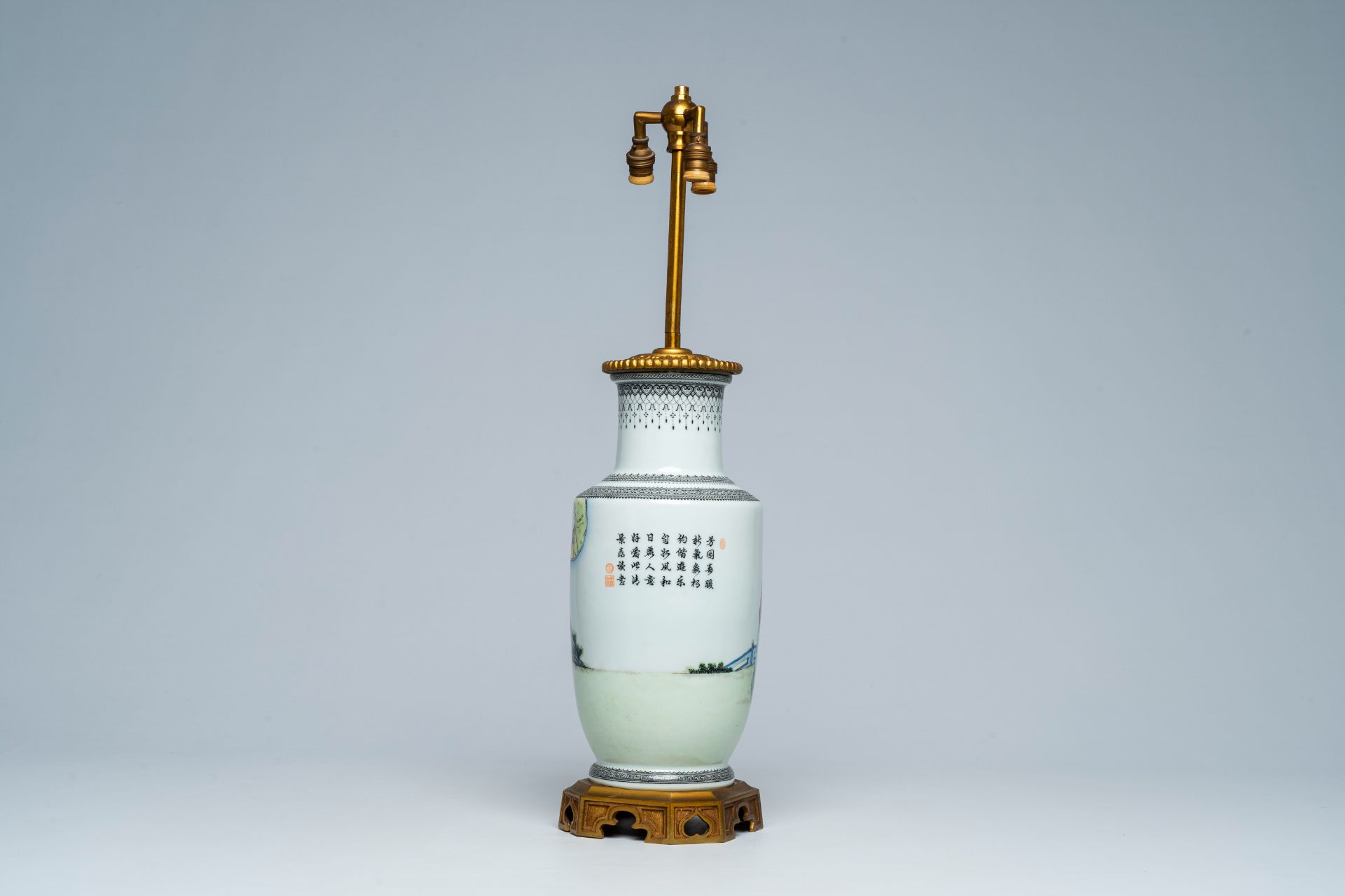 A Chinese famille rose vase with ladies in a garden mounted as a lamp, Republic, 20th C. - Image 3 of 6