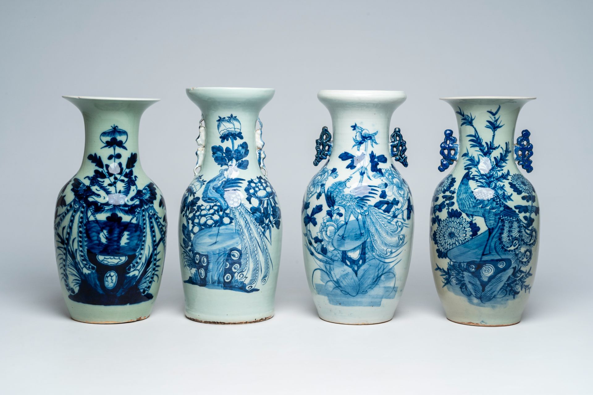 Four Chinese blue and white 'phoenix' vases, 19th C.