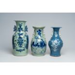 A Chinese slip-decorated blue ground vase with floral design and two blue and white celadon ground v