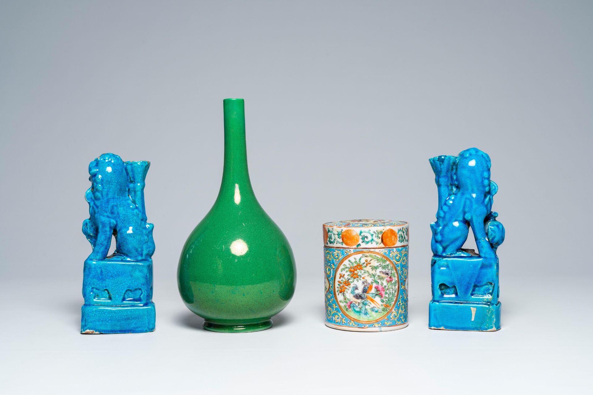 A Chinese Canton famille rose jar and cover, a monochrome green vase and a pair of turquoise glazed - Image 4 of 7