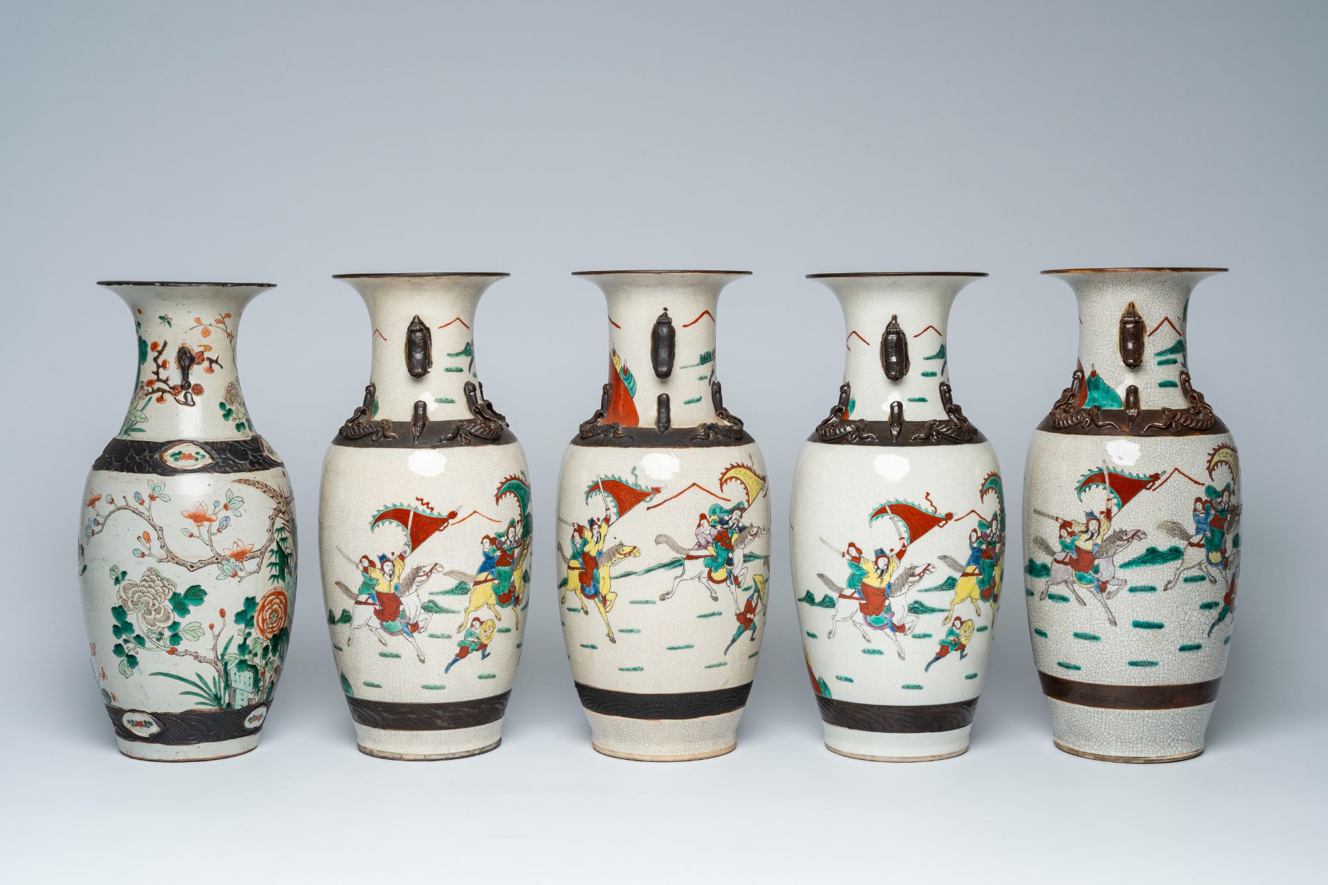 A varied collection of ten Chinese Nanking crackle glazed famille verte vases with warrior scenes an - Image 5 of 13