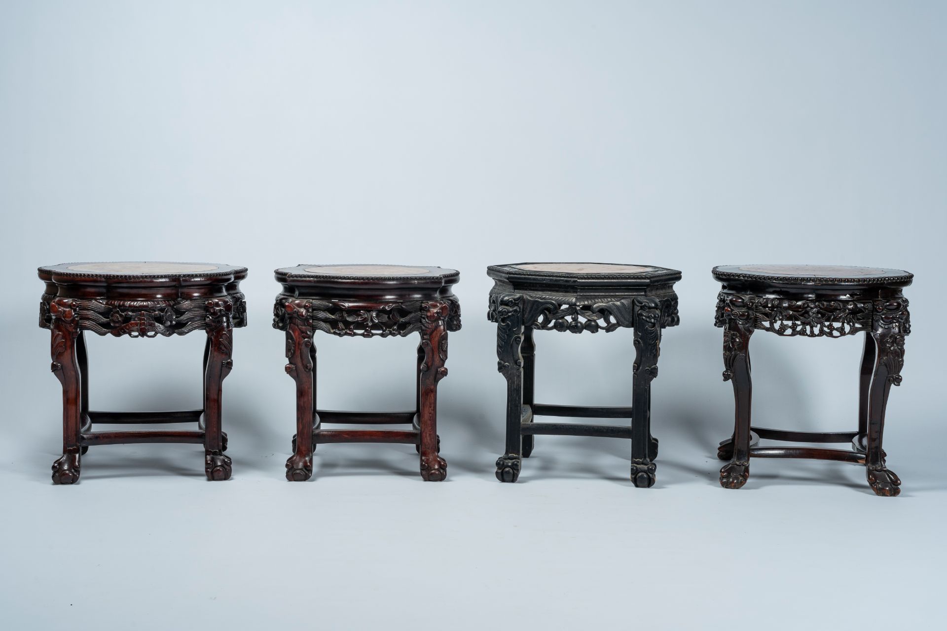 Four Chinese open worked carved wood stands with marble top, 19th/20th C. - Image 4 of 7