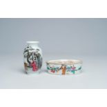 A Chinese famille rose cricket box and a vase with figures in a landscape, 19th/20th C.