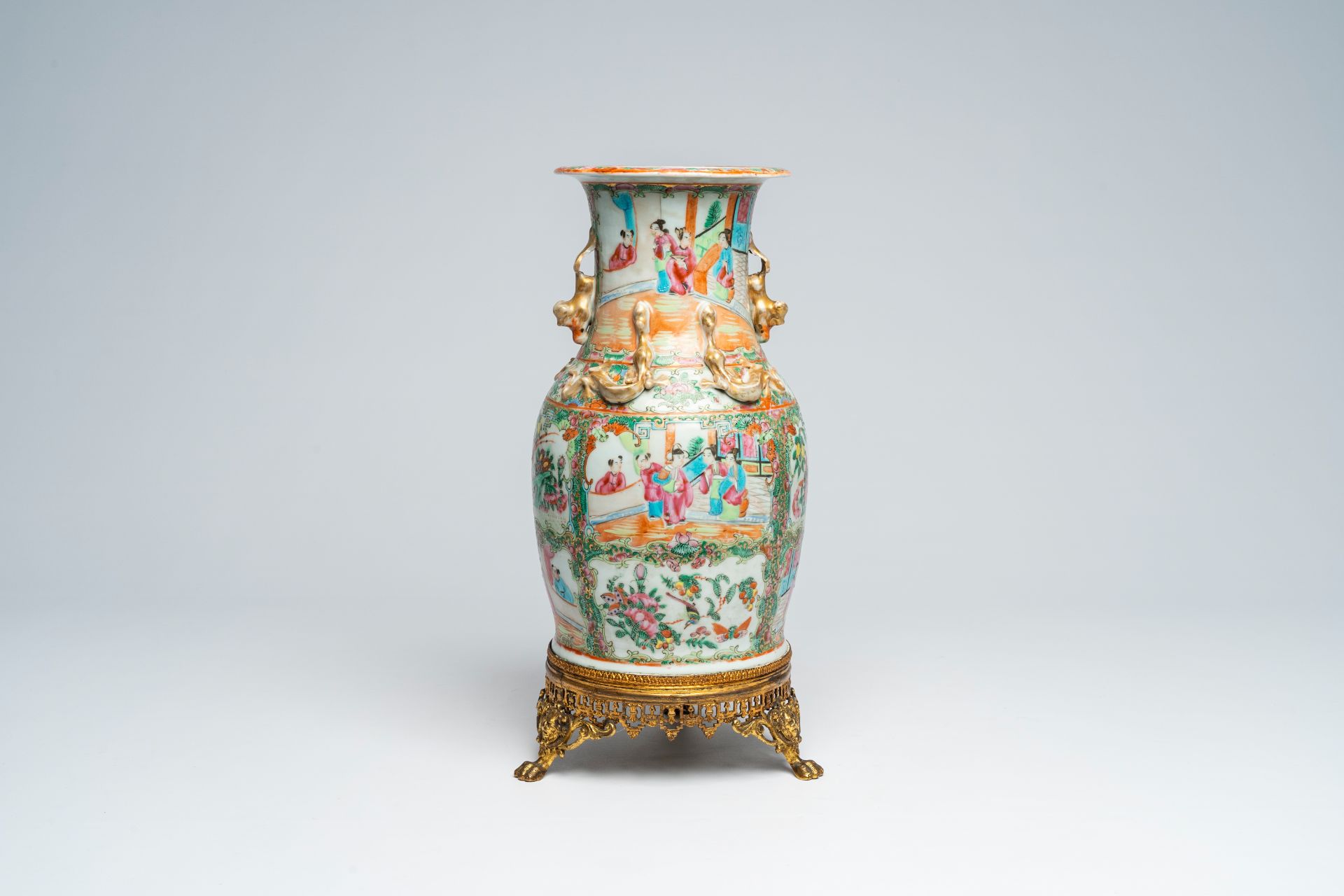 A Chinese Canton famille rose gilt brass mounted vase and a charger with palace scenes and floral de - Image 6 of 9