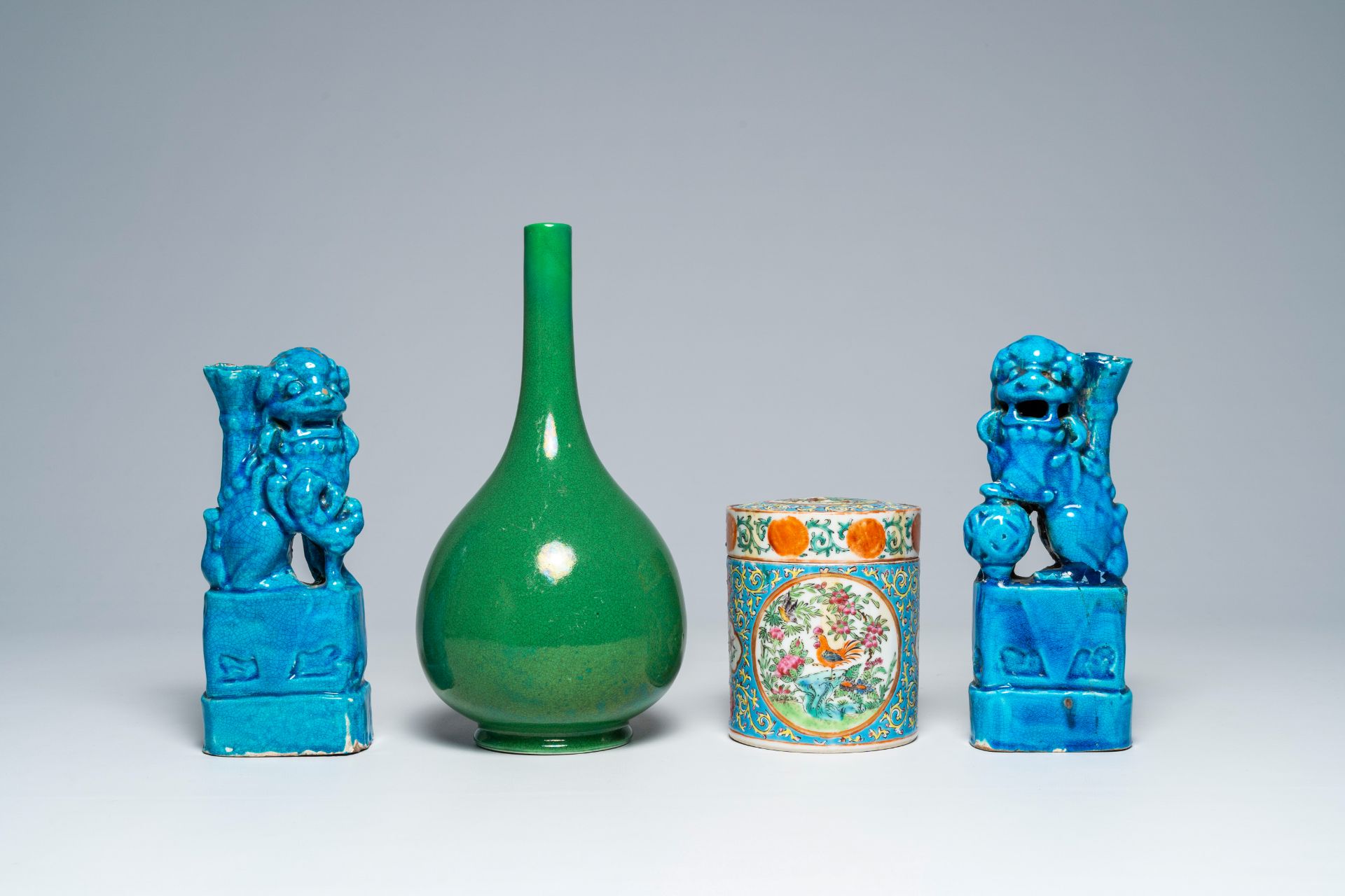 A Chinese Canton famille rose jar and cover, a monochrome green vase and a pair of turquoise glazed - Image 2 of 7