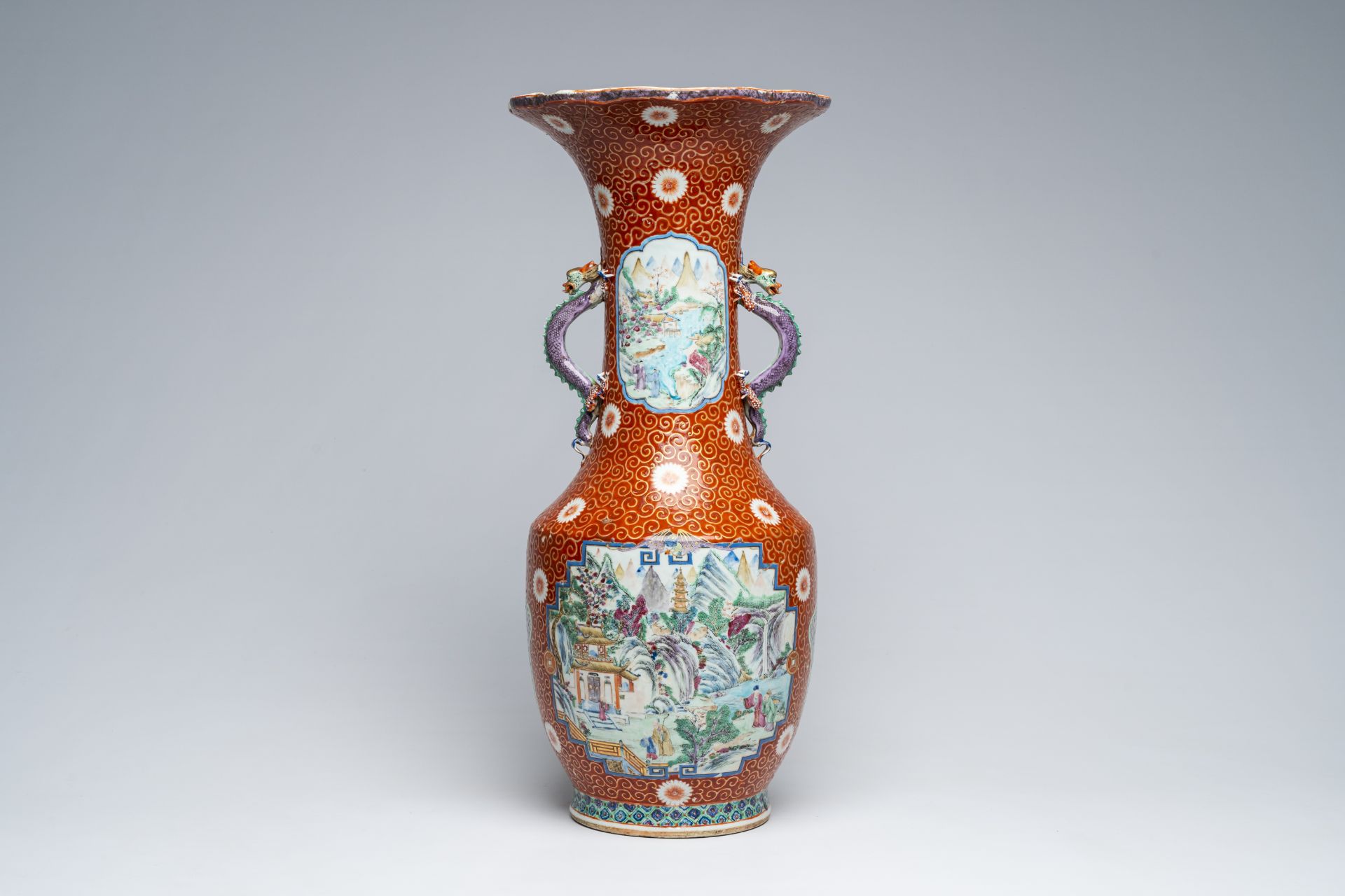 A Chinese famille rose vase after a Japanese example and ten famille rose dishes with animated scene - Image 2 of 17