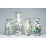 Four various Chinese famille rose and qianjiang cai vases with figures in a garden and birds among b