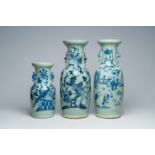 Three Chinese blue and white celadon ground vases with figures in a garden and birds among blossomin