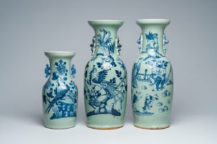Three Chinese blue and white celadon ground vases with figures in a garden and birds among blossomin