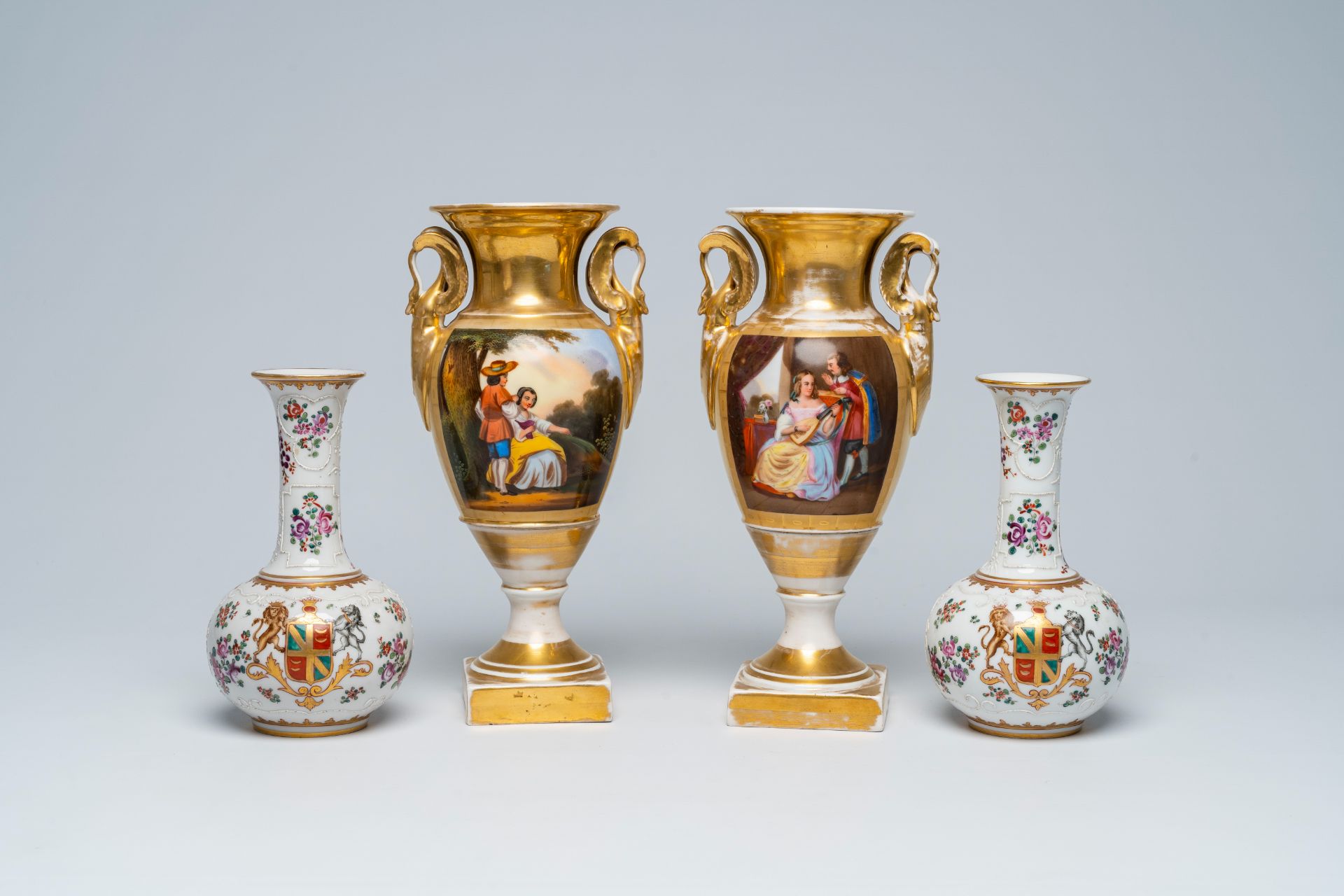 A pair of French gilt and polychrome vases and a pair of famille rose style vases with a coat of arm - Bild 8 aus 8