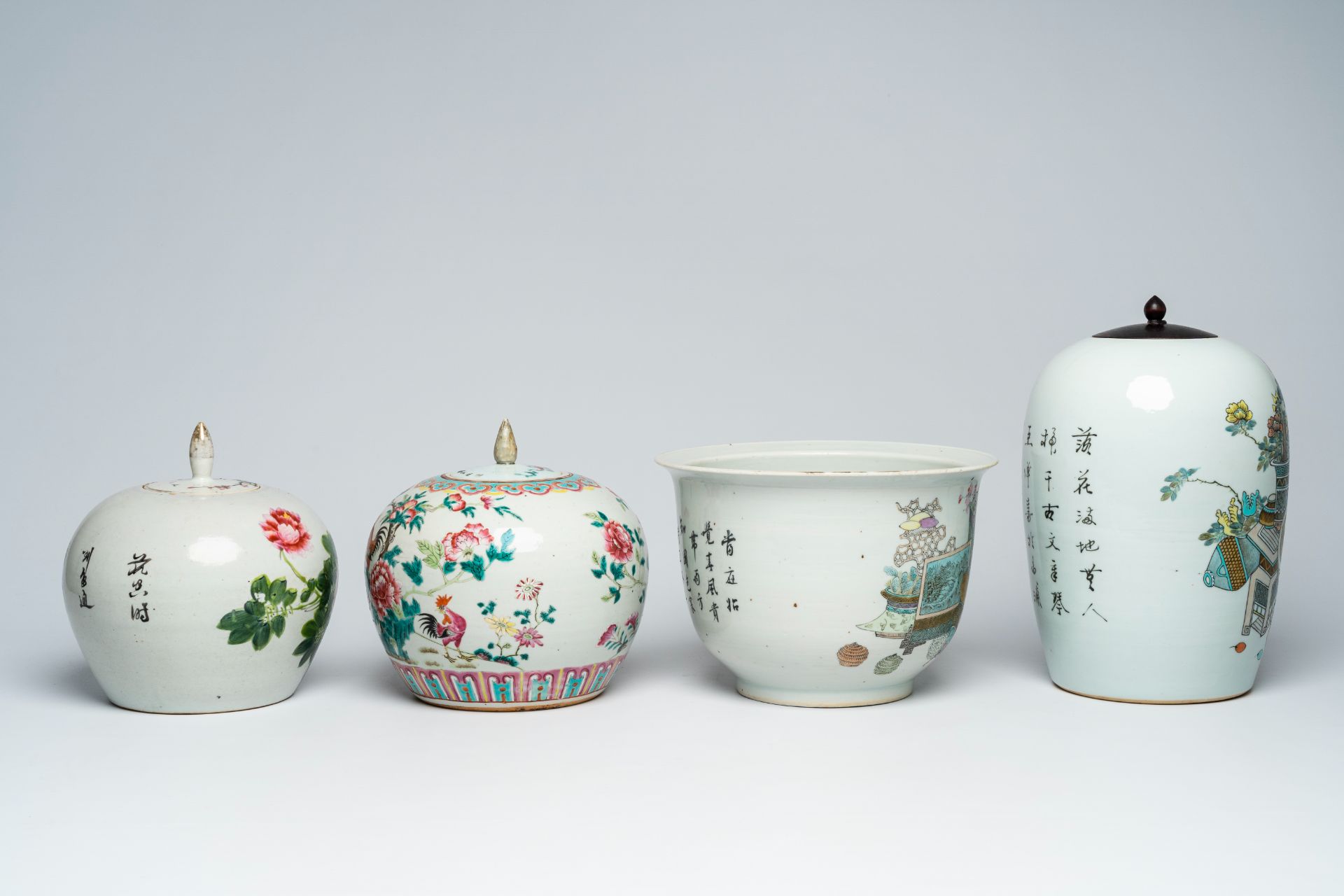 Three Chinese famille rose and qianjiang cai jars and covers and a qianjiang cai 'antiquities' jardi - Image 4 of 8