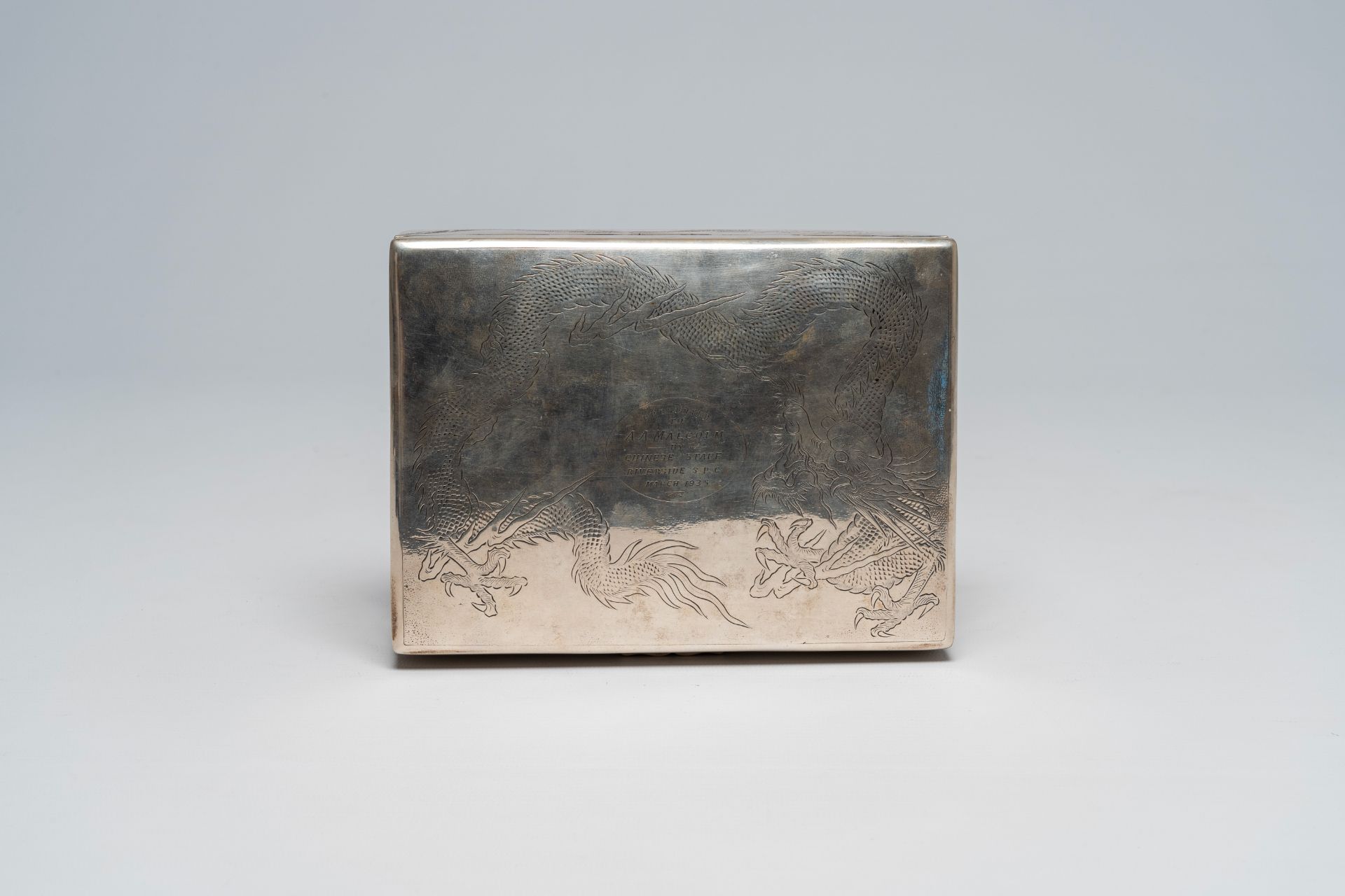 A Chinese silver box and cover with engraved dragon design, maker's mark Wing On & Company, first ha - Image 7 of 10