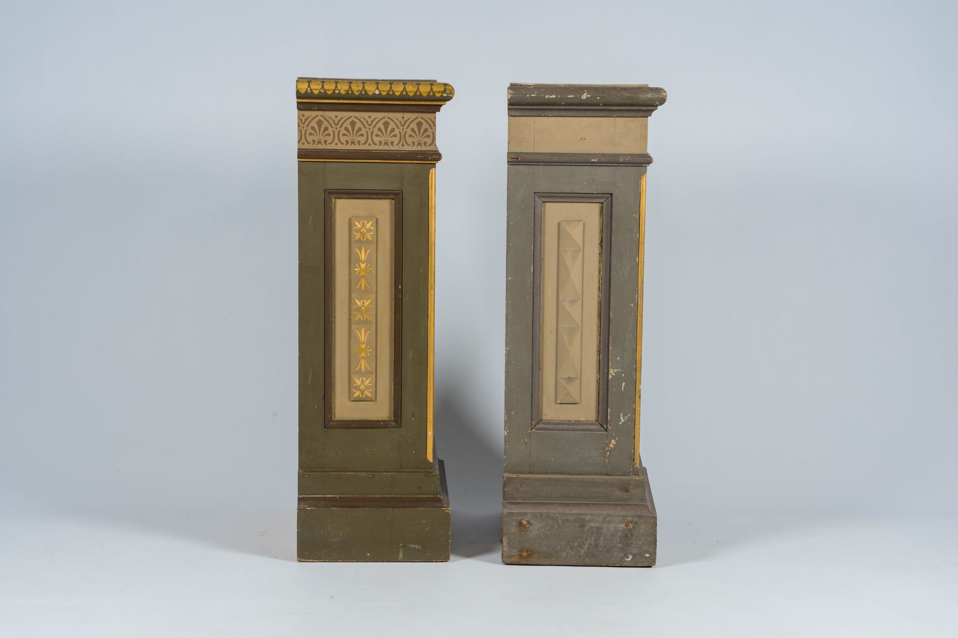 A pair of Flemish or French Gothic revival polychrome painted and gilt wood pedestals, first quarter - Image 5 of 8