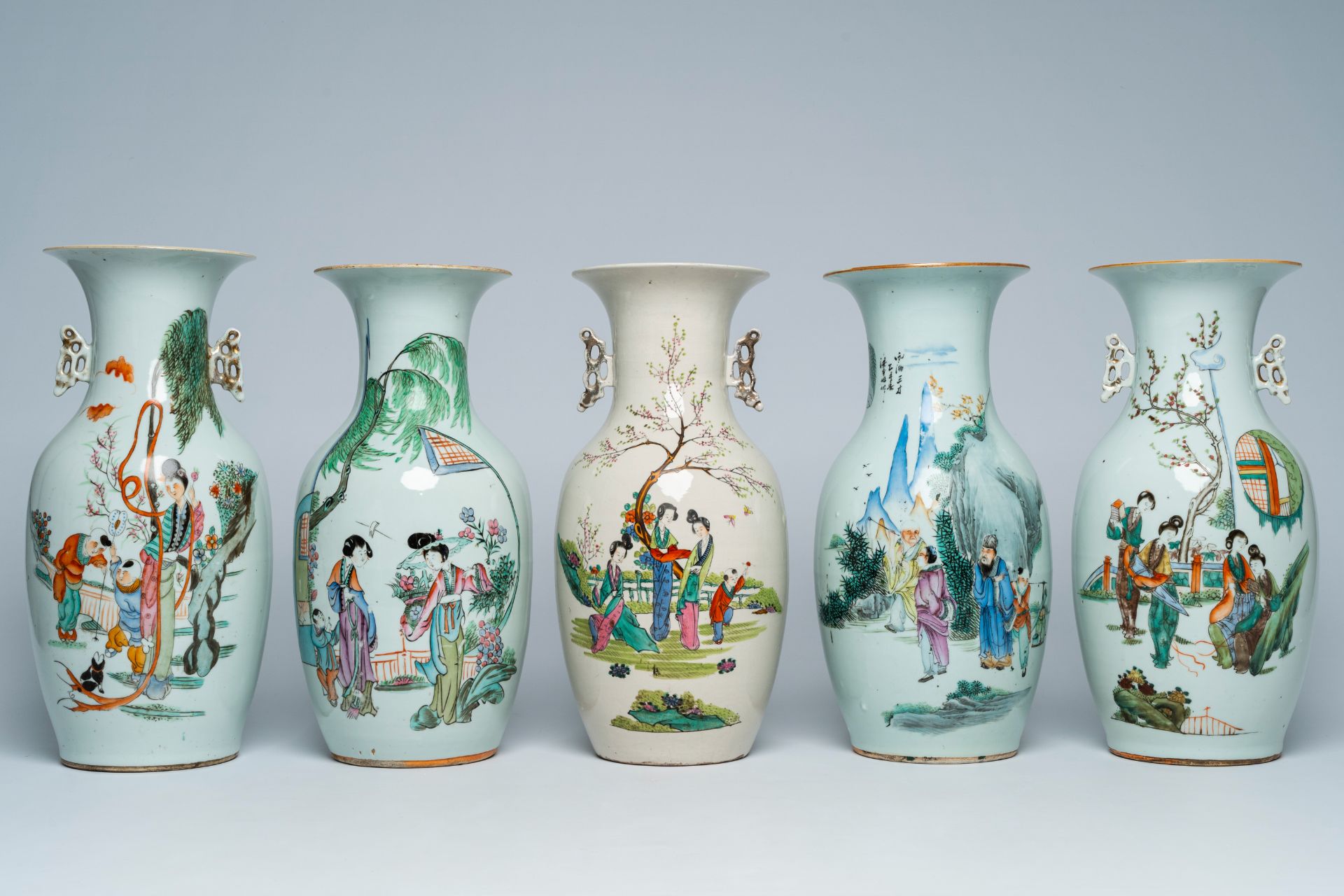 Five various Chinese qianjiang cai vases with figures in a landscape and a palace garden, 19th/20th