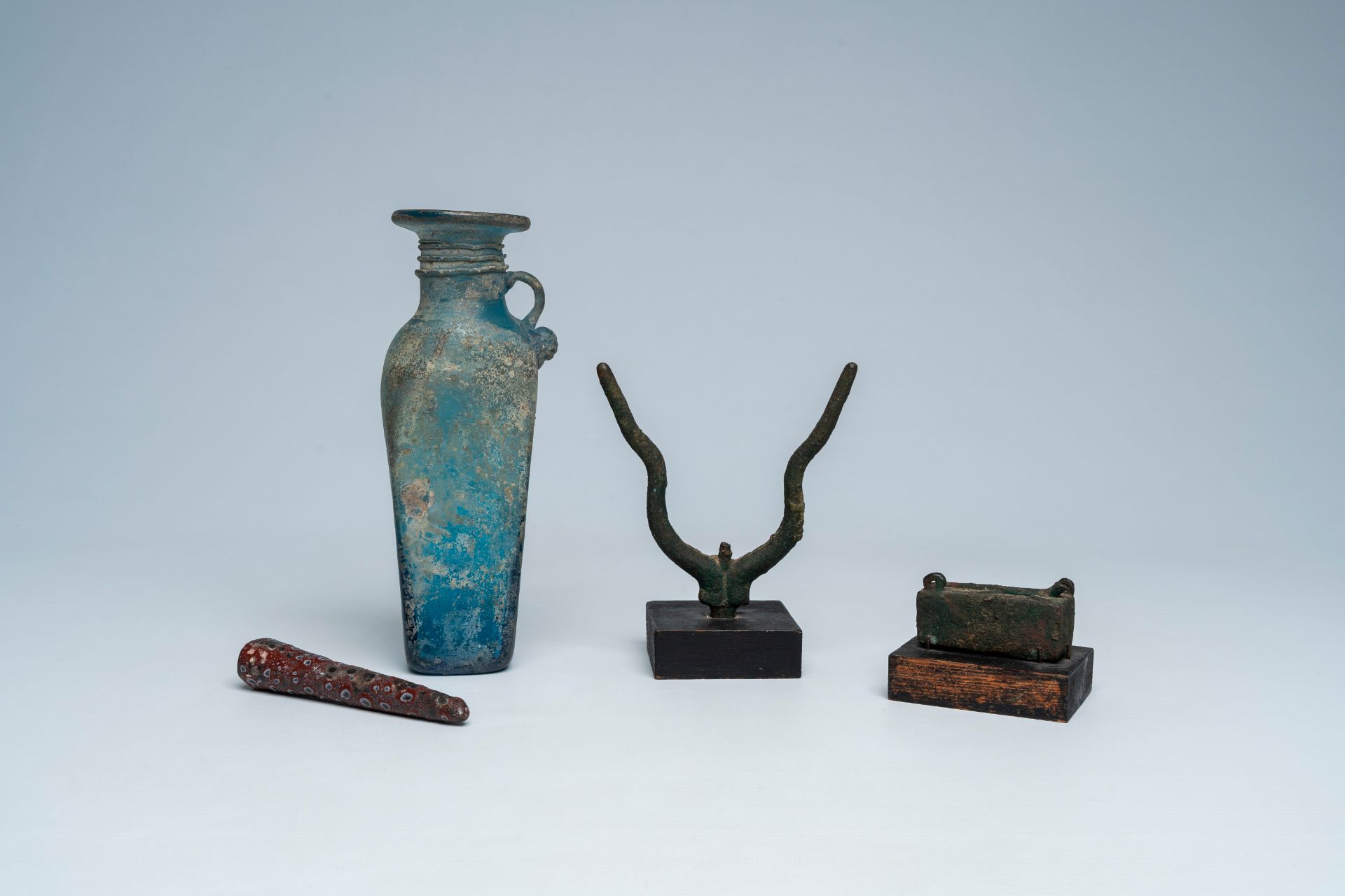 A varied collection of archaeological finds and a blue glass bottle with glass thread design, possib - Image 2 of 8