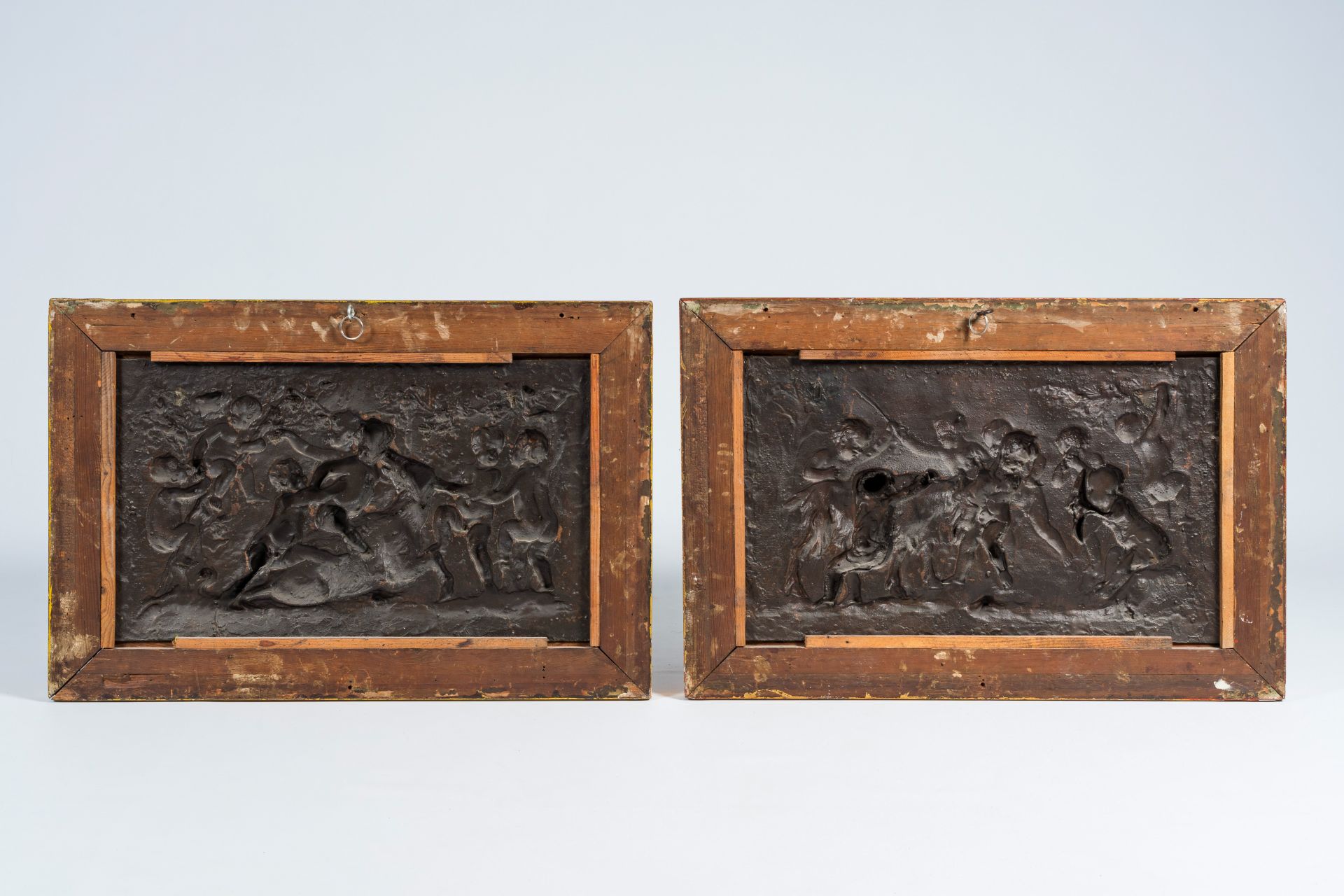 A pair of large French bronze patinated copper plaques with relief design of putti, goats and Bacchu - Image 2 of 9