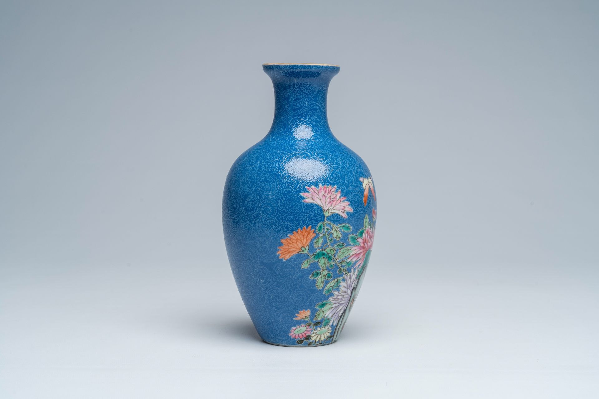 A Chinese famille rose blue-ground sgraffito vase with floral design, Hongxian mark, Republic, 20th - Image 4 of 6