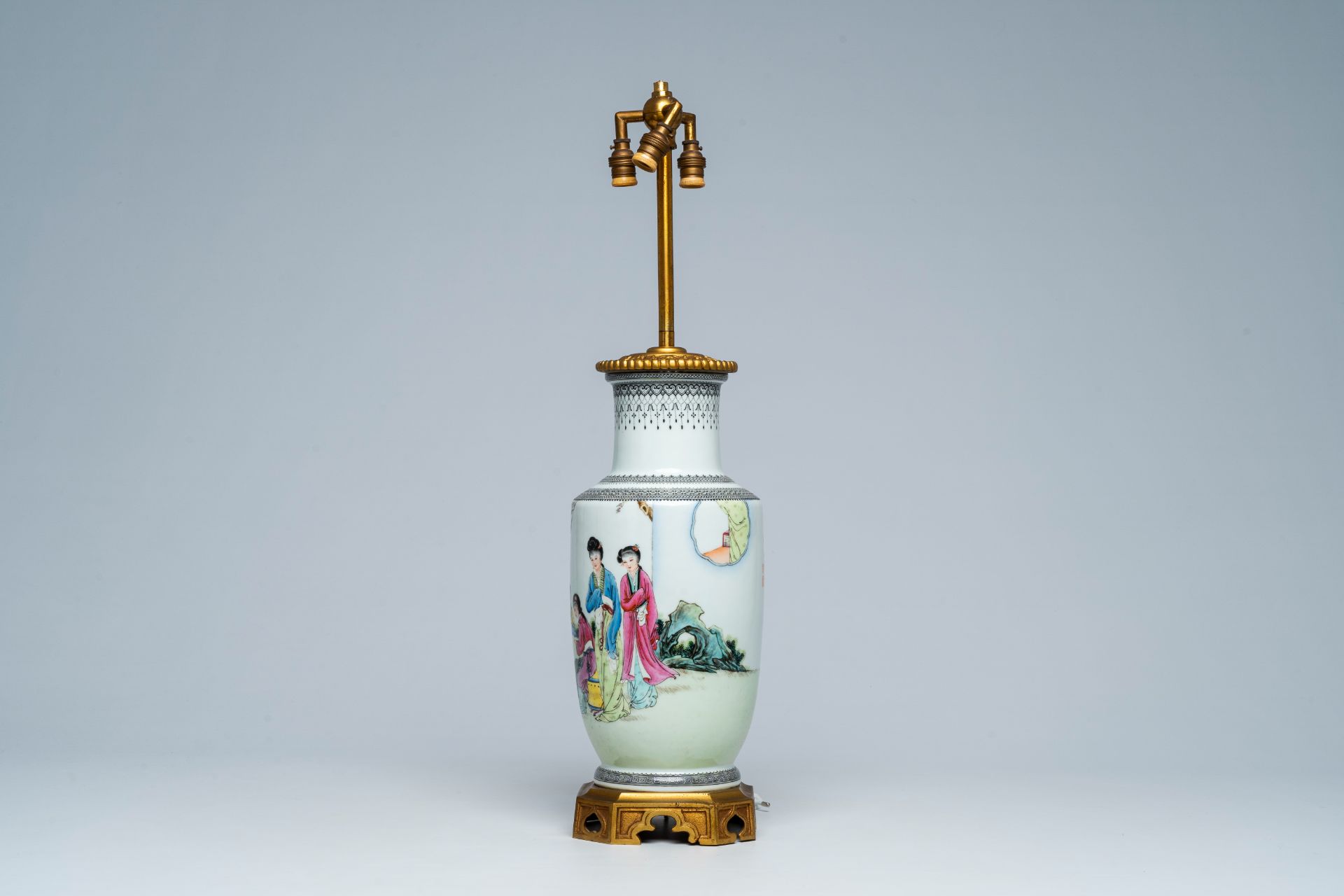 A Chinese famille rose vase with ladies in a garden mounted as a lamp, Republic, 20th C. - Image 2 of 6