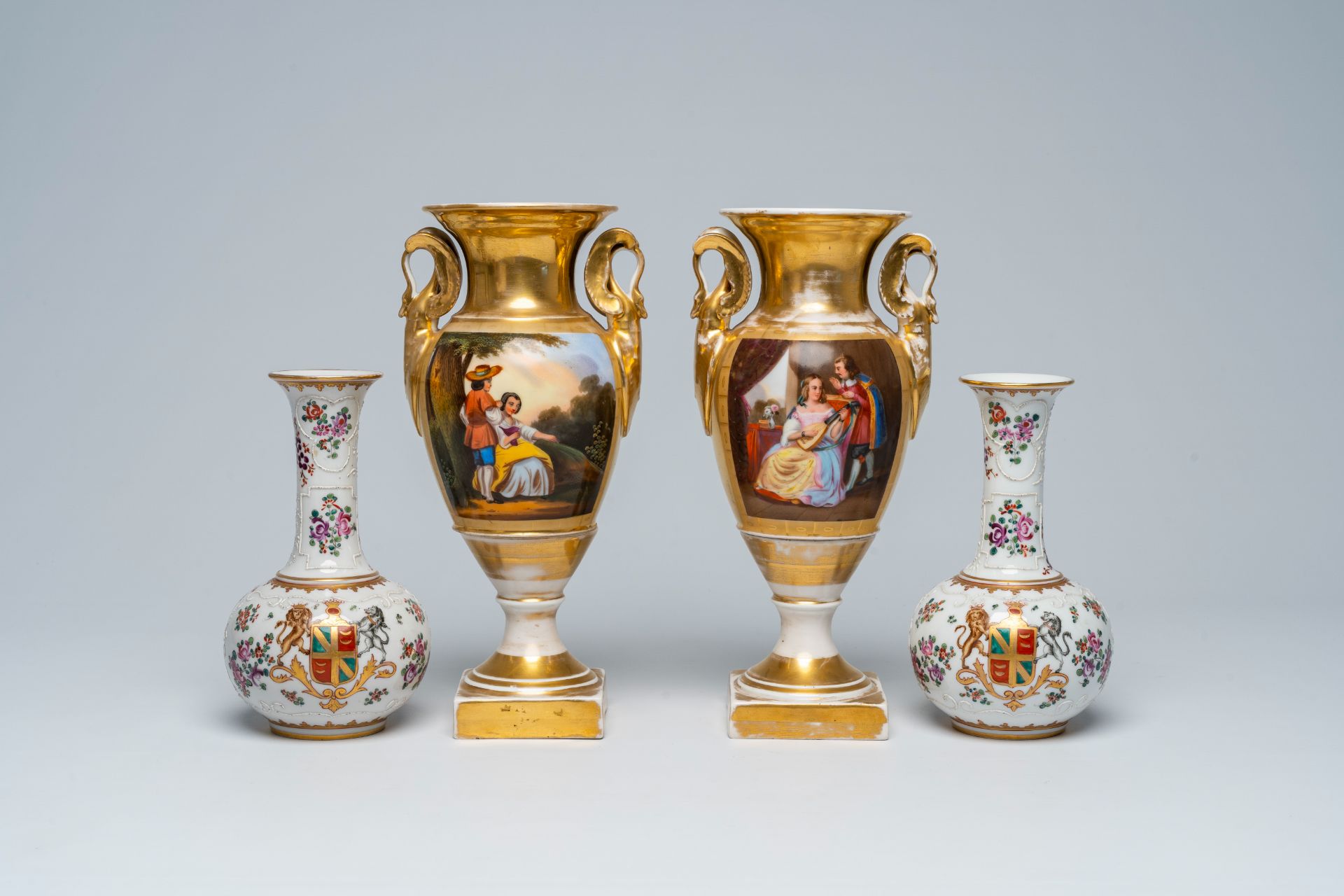 A pair of French gilt and polychrome vases and a pair of famille rose style vases with a coat of arm - Image 2 of 8