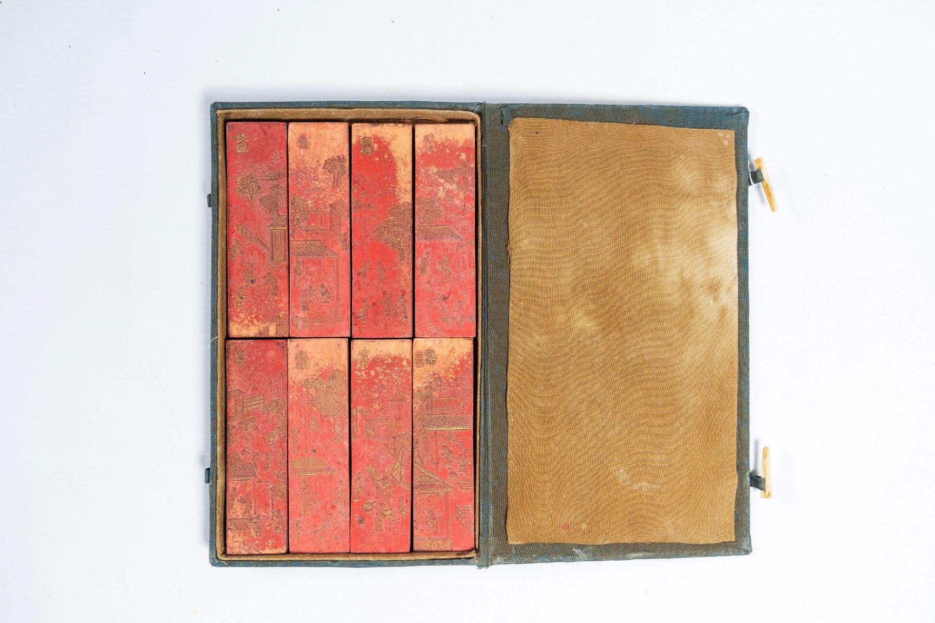 Two Chinese boxes with inkstones, a tea block, a printing plate and a type case, 20th C. - Image 7 of 12
