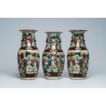 Three Chinese Nanking crackle glazed famille rose 'warrior' vases, 19th C.
